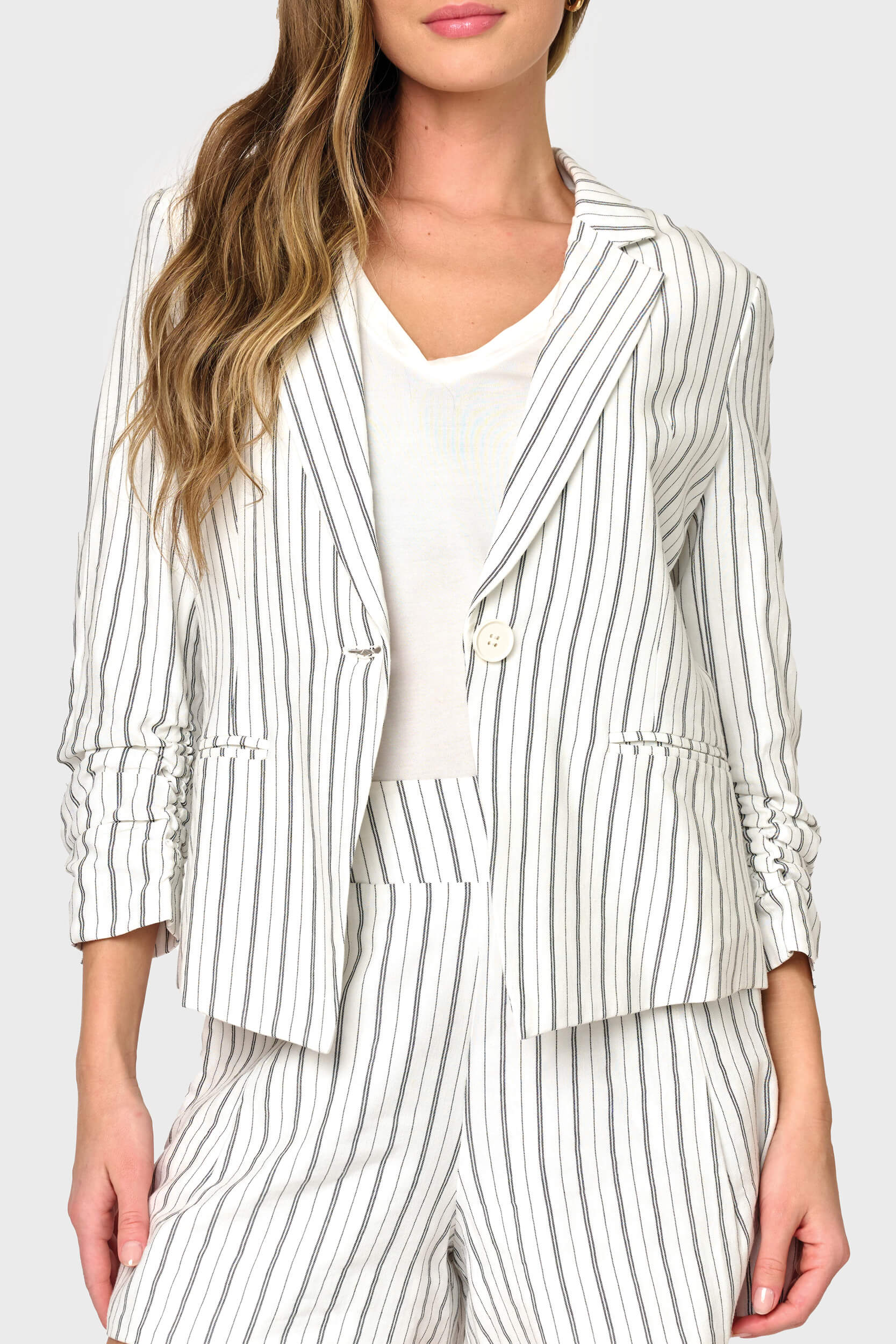 Notch Collar Pinstripe Linen Blazer