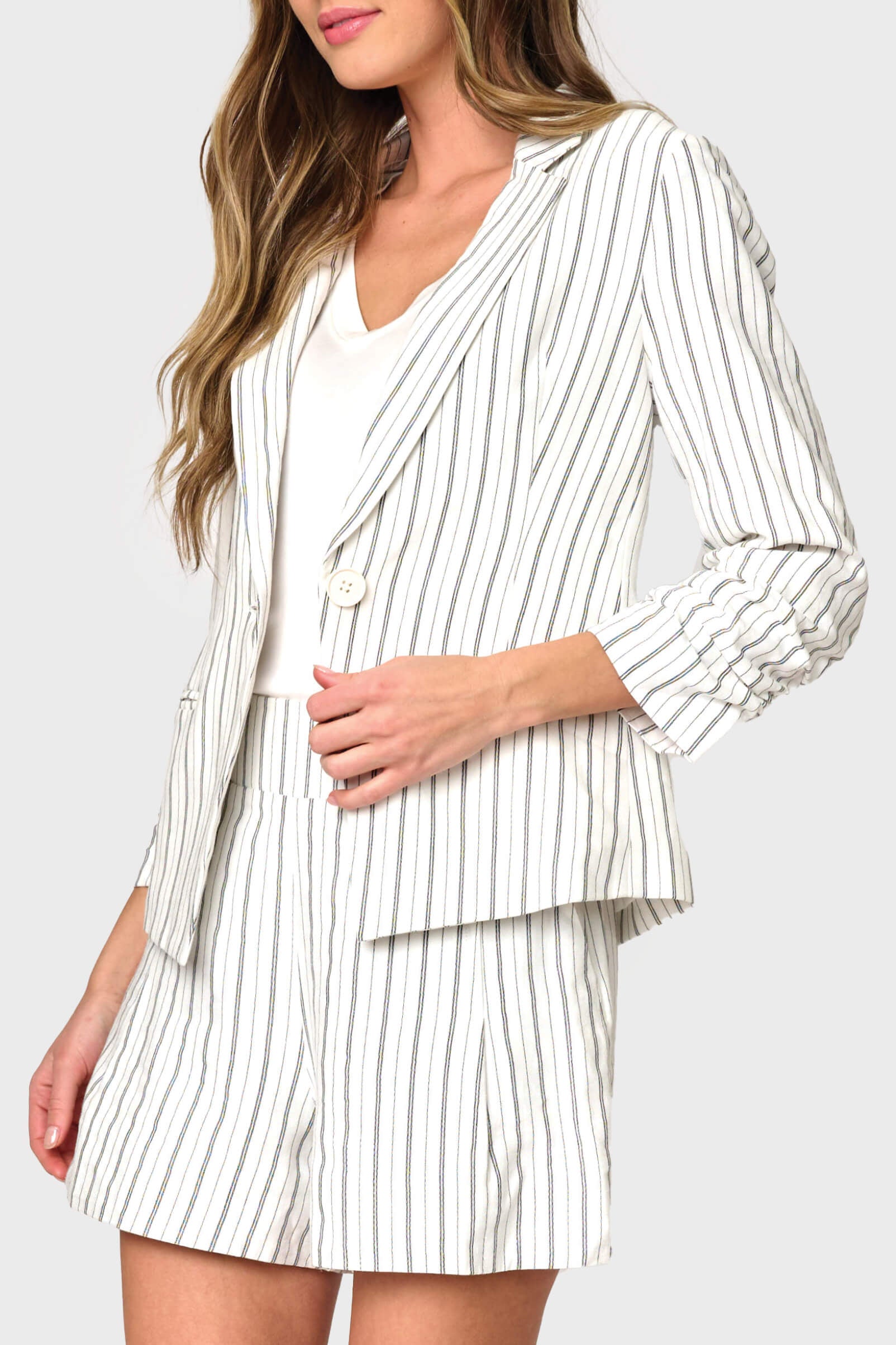 Notch Collar Pinstripe Linen Blazer