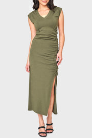 Soft Ponte V-neck Side Cinch Maxi Dress
