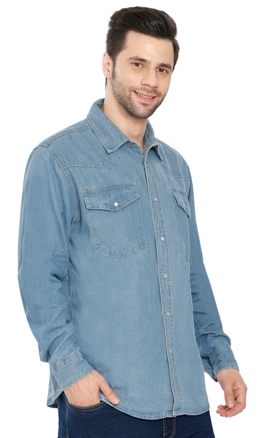 Mens Western Snap Front Button Shirt In Denim And Twill With A Stitched Yoke And Chest Pockets