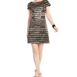 Vince Camuto Women's Gold Sequined Printed Short Sleeve Jewel Neck Mini Shift Cocktail Dress Gray Size 6