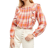 Free People Womens Plaid Long Sleeve Square Neck Top Orange Size Large