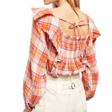 Free People Womens Plaid Long Sleeve Square Neck Top Orange Size Large