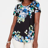 JM Collection Women's Printed Scoop Neck Top Black Size Small