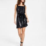 Bar III Women's Sequined Square Neck Belted Dress Black Size X-Large