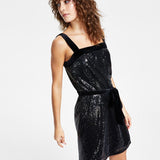 Bar III Women's Sequined Square Neck Belted Dress Black Size X-Large