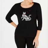 Karen Scott Cotton Embellished Cat-Graphic T-Shirt Black Size S