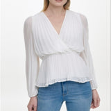 DKNY Womens Long Sleeve Surplice Neckline Faux Wrap Top White Size XS