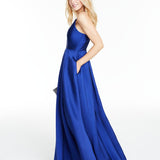 Speechless Women's Embellished Spaghetti Strap V Neck Full Length Formal Fit Flare Dress Blue Size 7