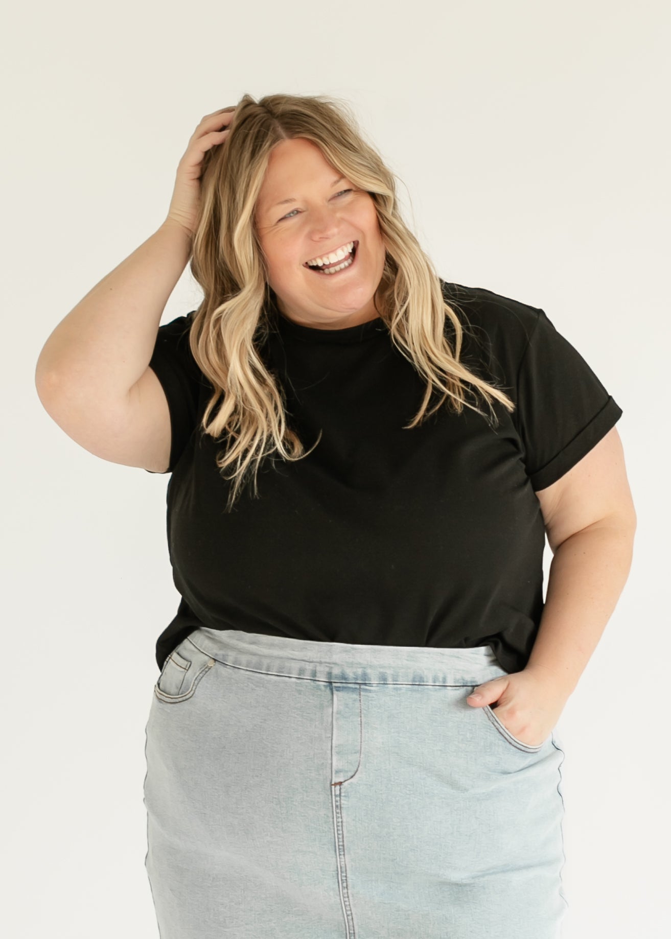 Sandra Light Wash Denim Midi Skirt | Include Plus Size