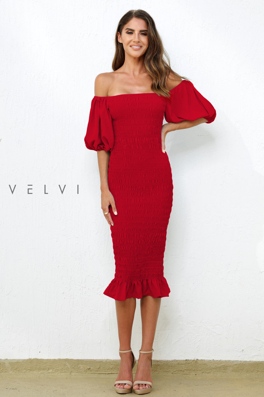 Skyla Shirred Midi Dress - Red