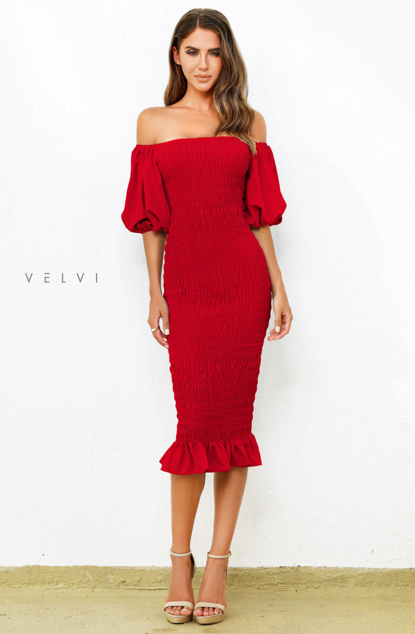Skyla Shirred Midi Dress - Red