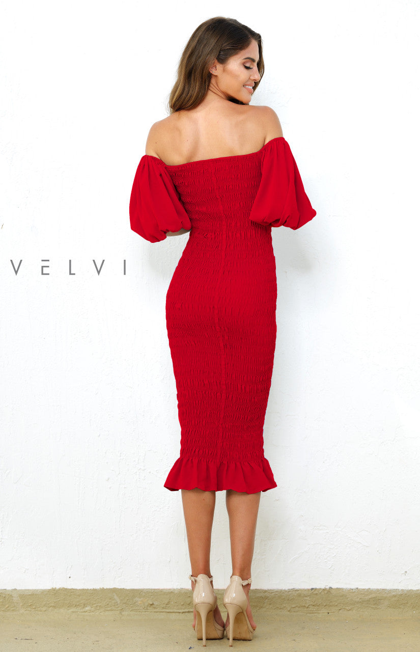 Skyla Shirred Midi Dress - Red