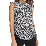 DKNY Women's Floral Print Sleeveless Ruffle Top Charcoal Size Large
