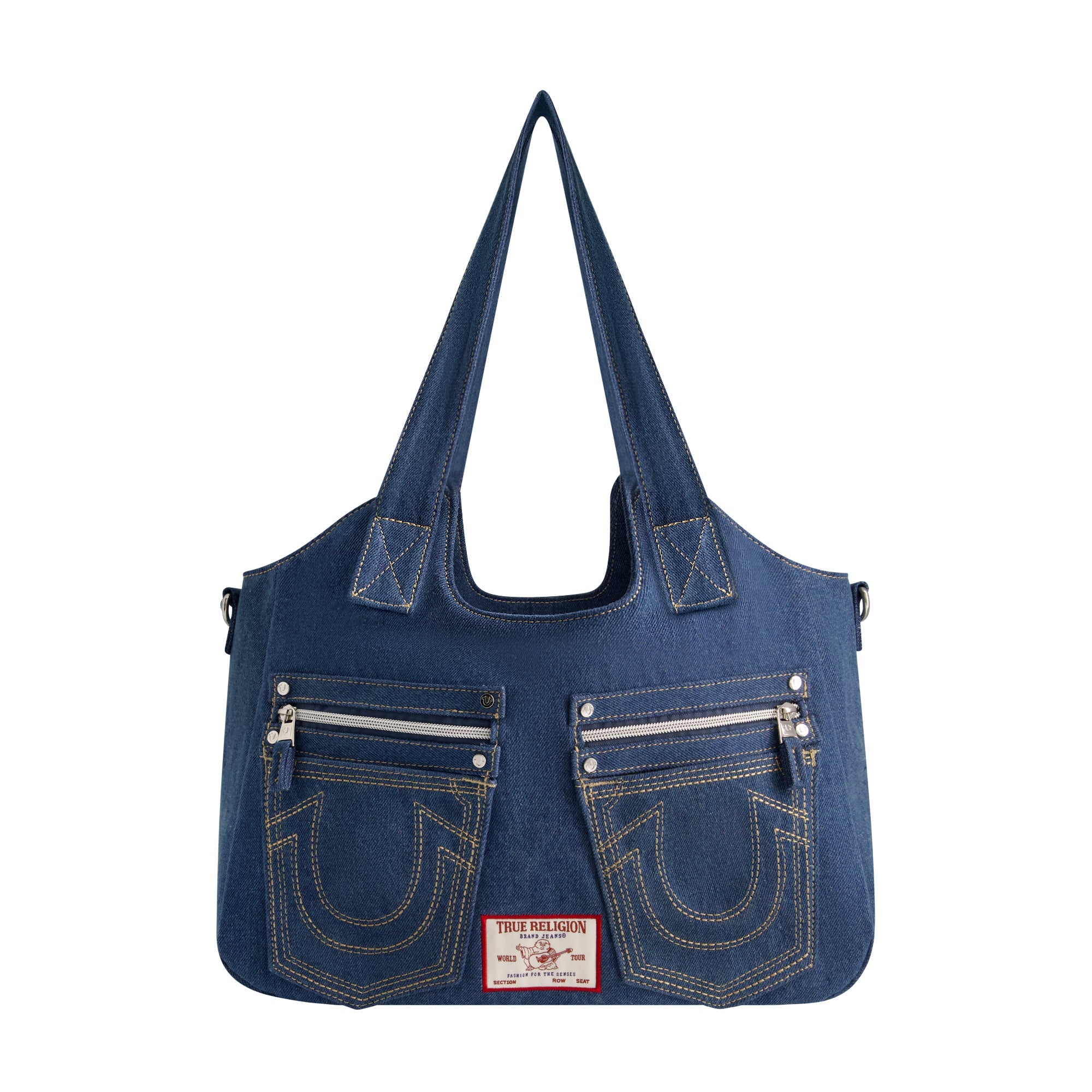 True Religion Horseshoe Stitch Denim Satchel, Medium Blu