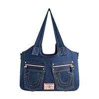 True Religion Horseshoe Stitch Denim Satchel, Medium Blu
