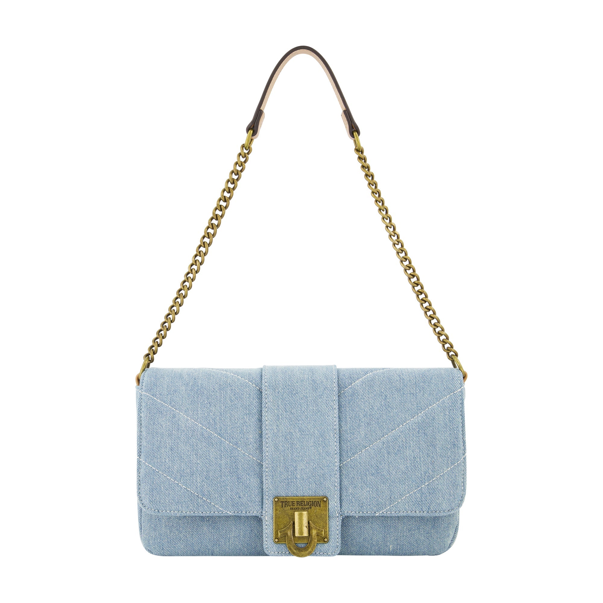 True Religion Denim Brass Hardware Flap, Light Blue