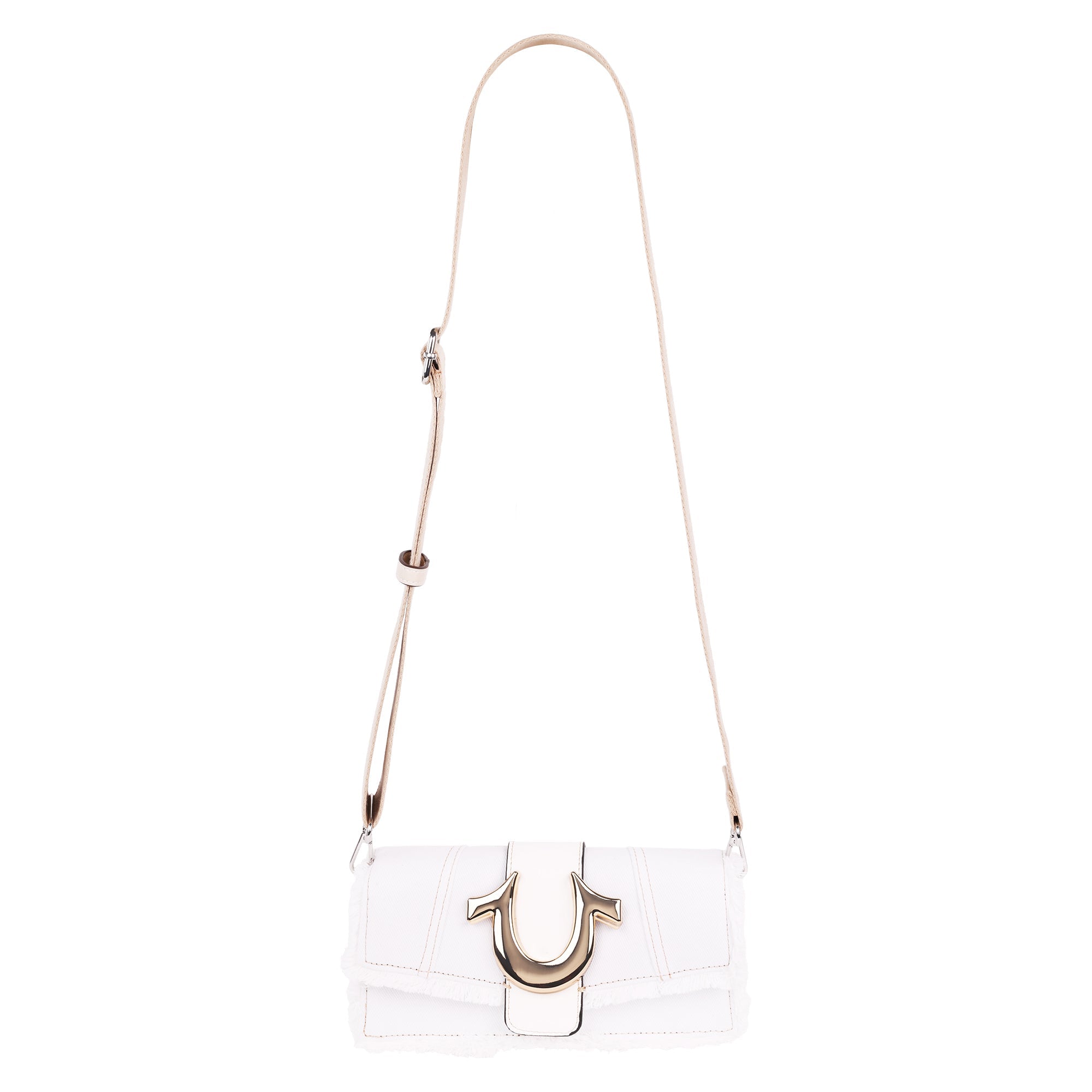 True Religion Frayed Denim Flap Bag With Logo Strap