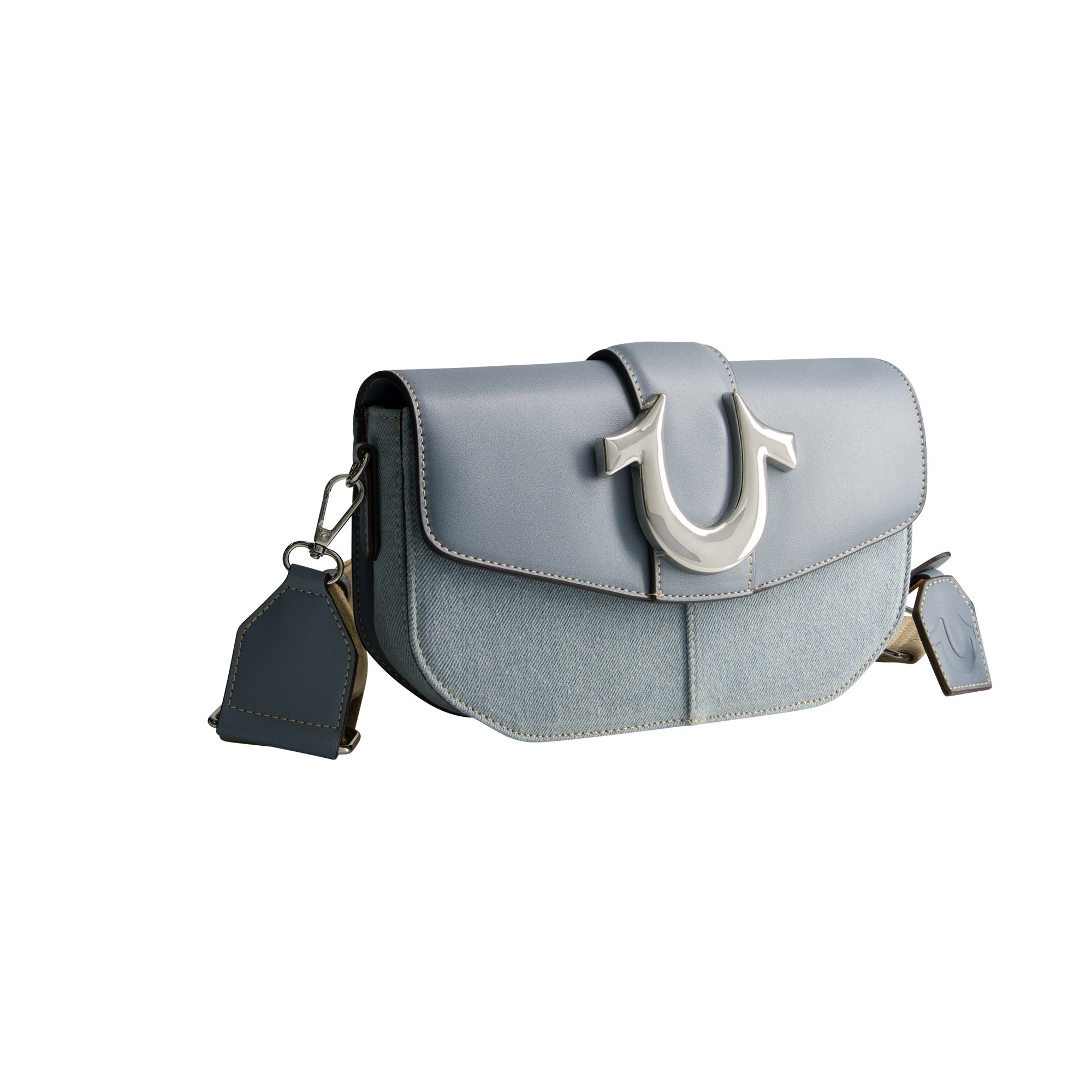 True Religion Denim Saddle Bag With Oversized Horseshoe Logo, Blue