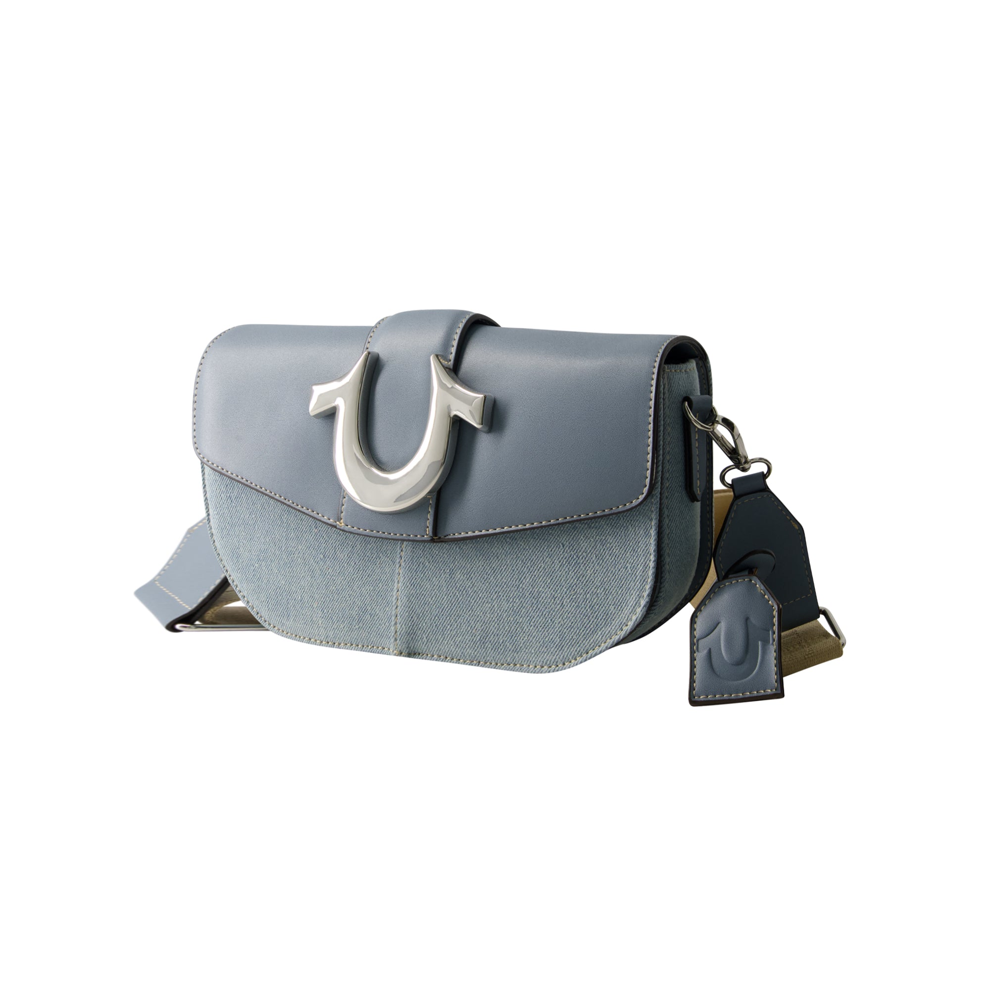True Religion Denim Saddle Bag With Oversized Horseshoe Logo, Blue
