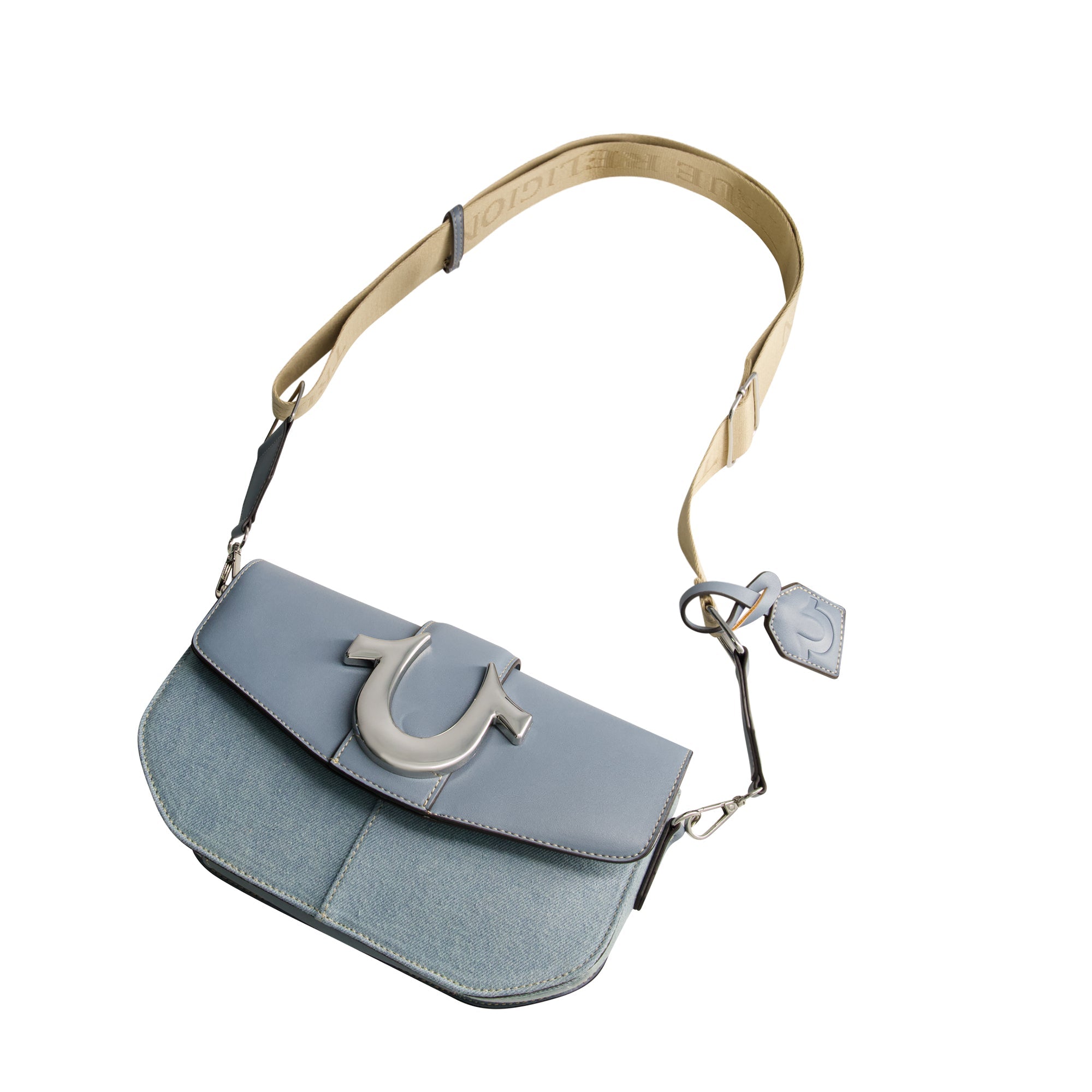 True Religion Denim Saddle Bag With Oversized Horseshoe Logo, Blue