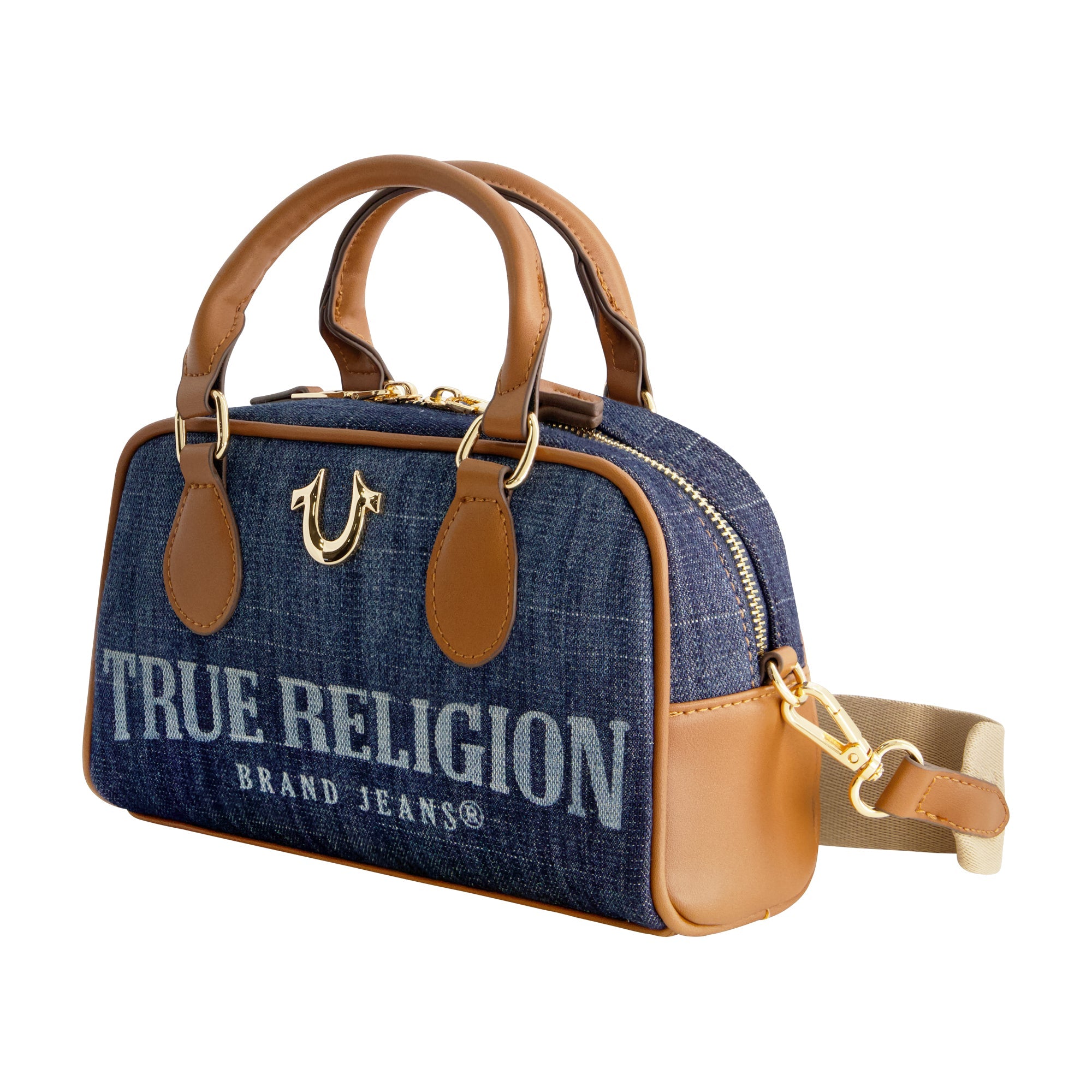 True Religion Denim Logo Mini Satchel Crossbody Bag, Dark Denim