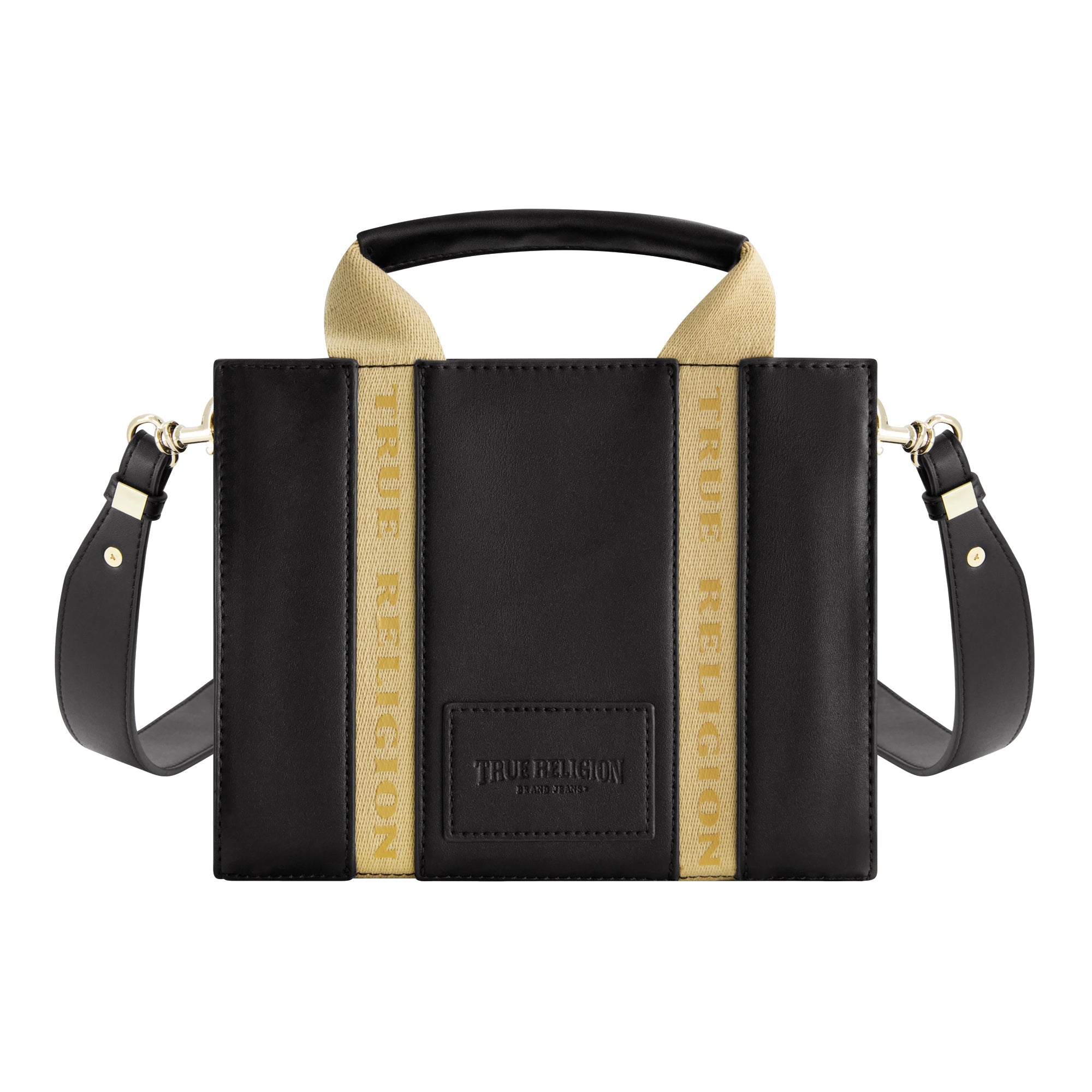 True Religion Licensed Faux Leather Mini Tote Bag With Branded Straps, Black
