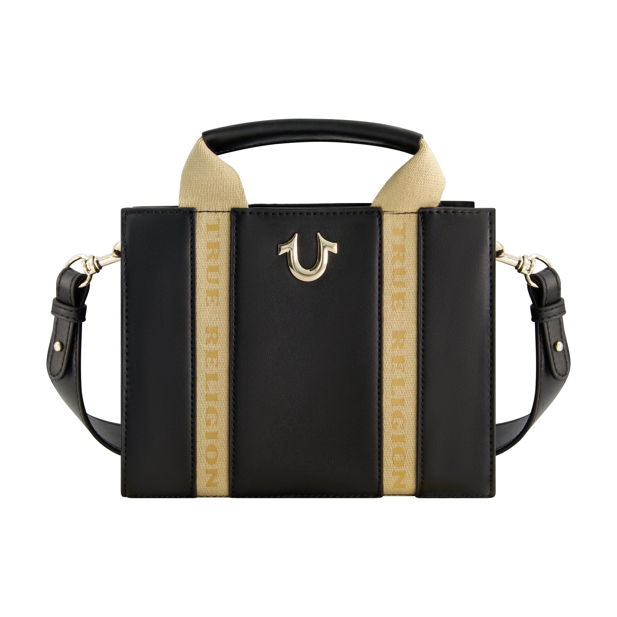 True Religion Licensed Faux Leather Mini Tote Bag With Branded Straps, Black