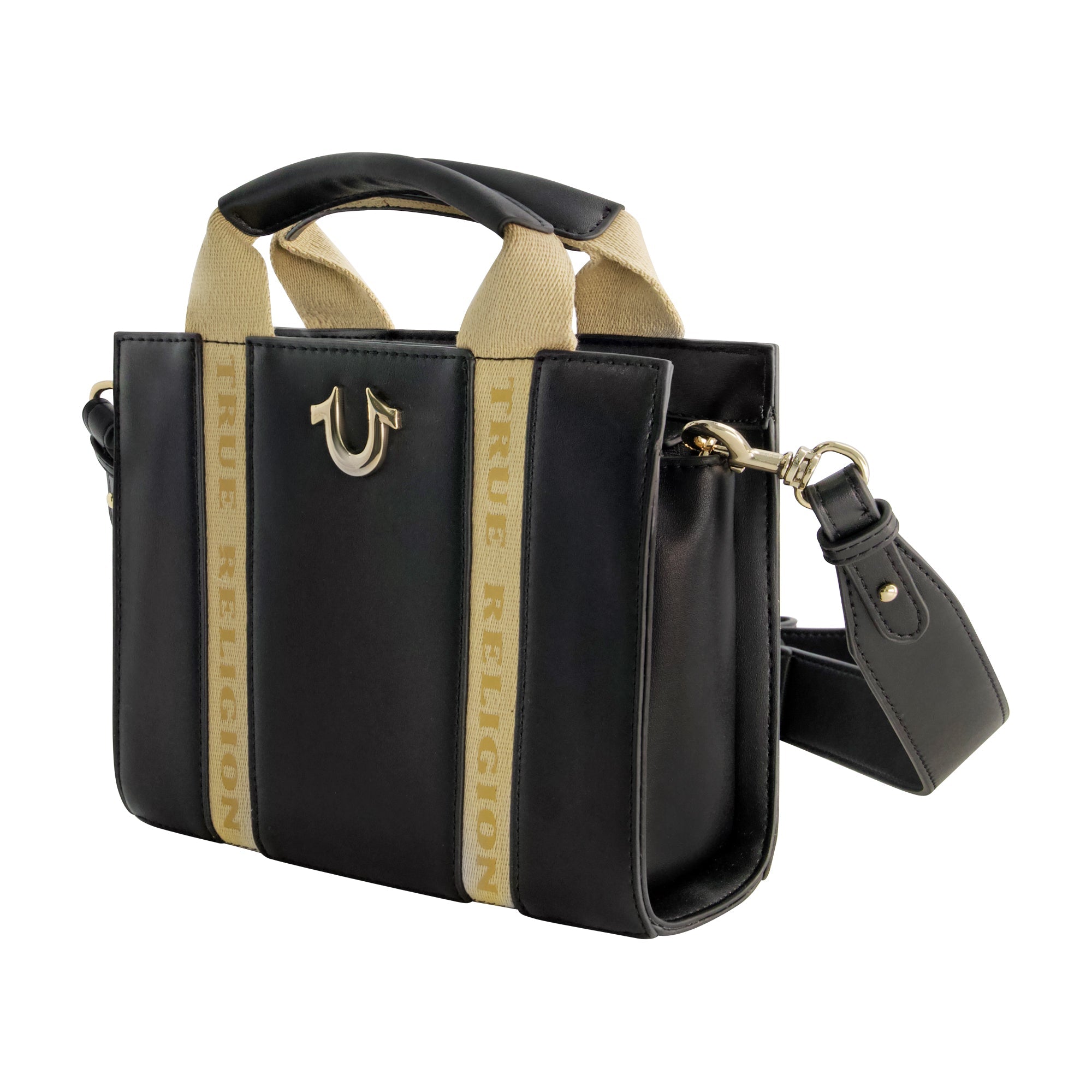 True Religion Licensed Faux Leather Mini Tote Bag With Branded Straps, Black