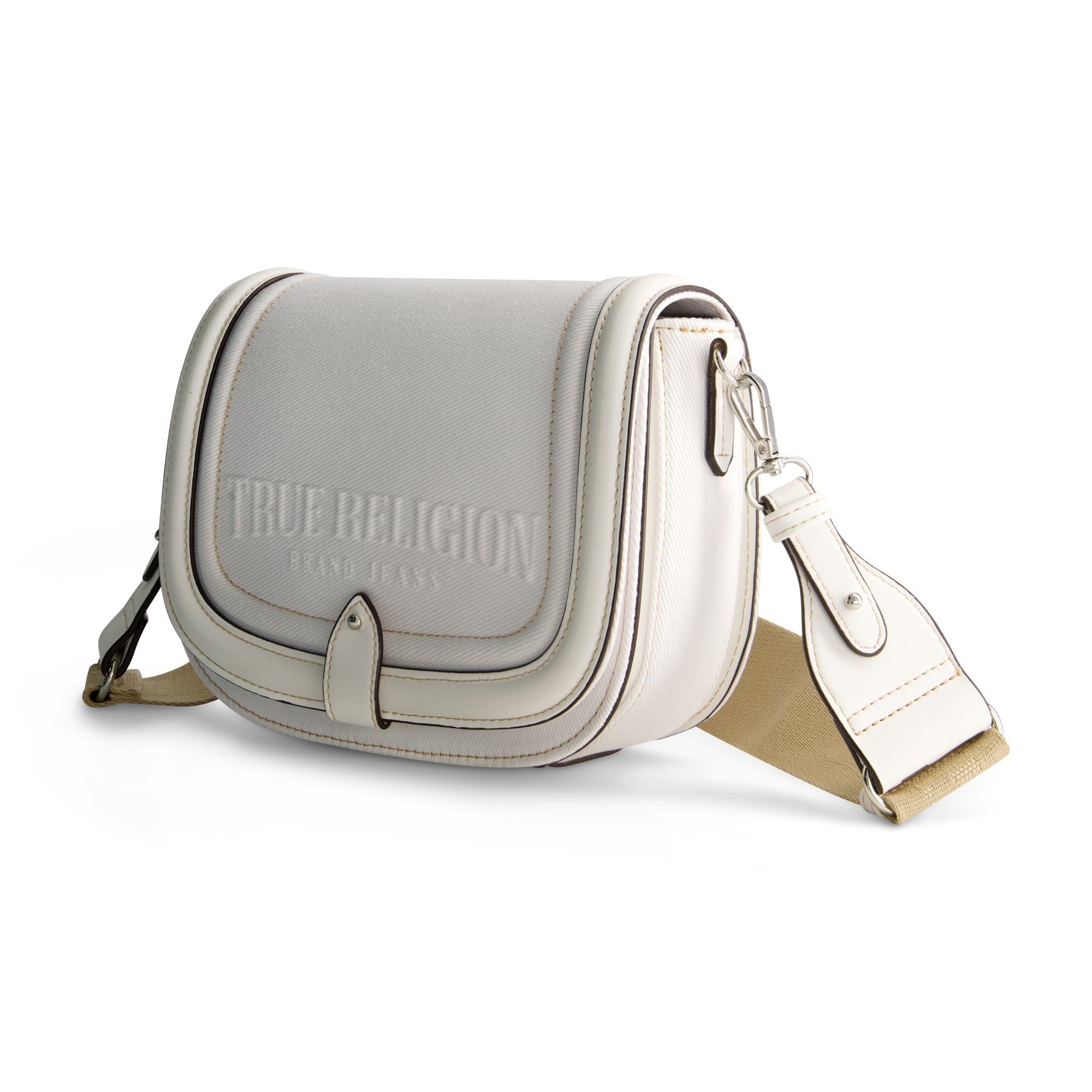 True Religion Distressed Logo Denim Saddle Bag, White