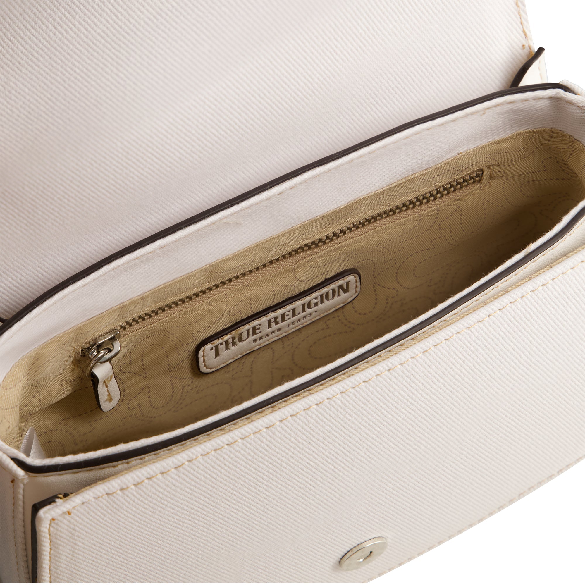 True Religion Distressed Logo Denim Saddle Bag, White