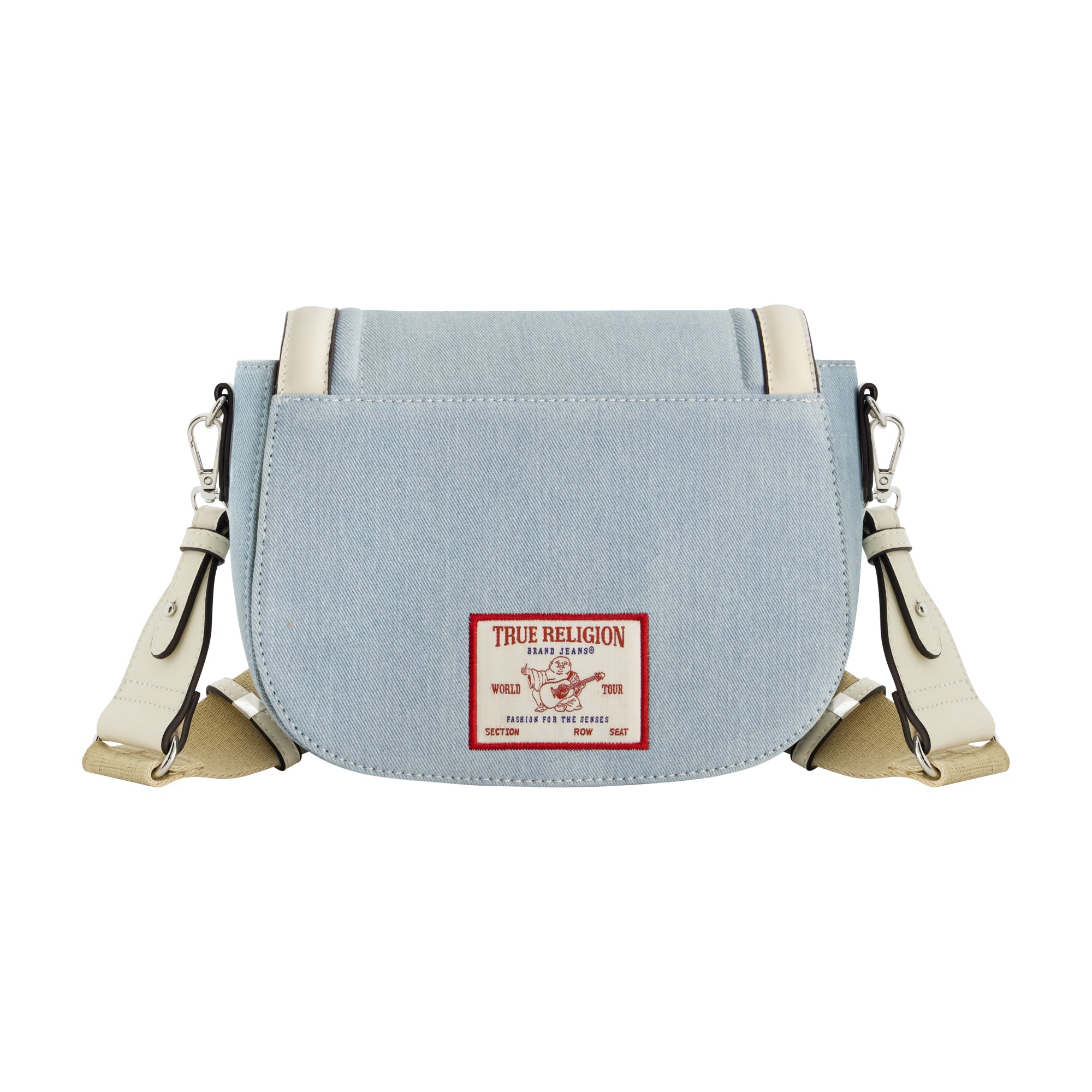 True Religion Distressed Logo Denim Saddle Bag, Light Blue