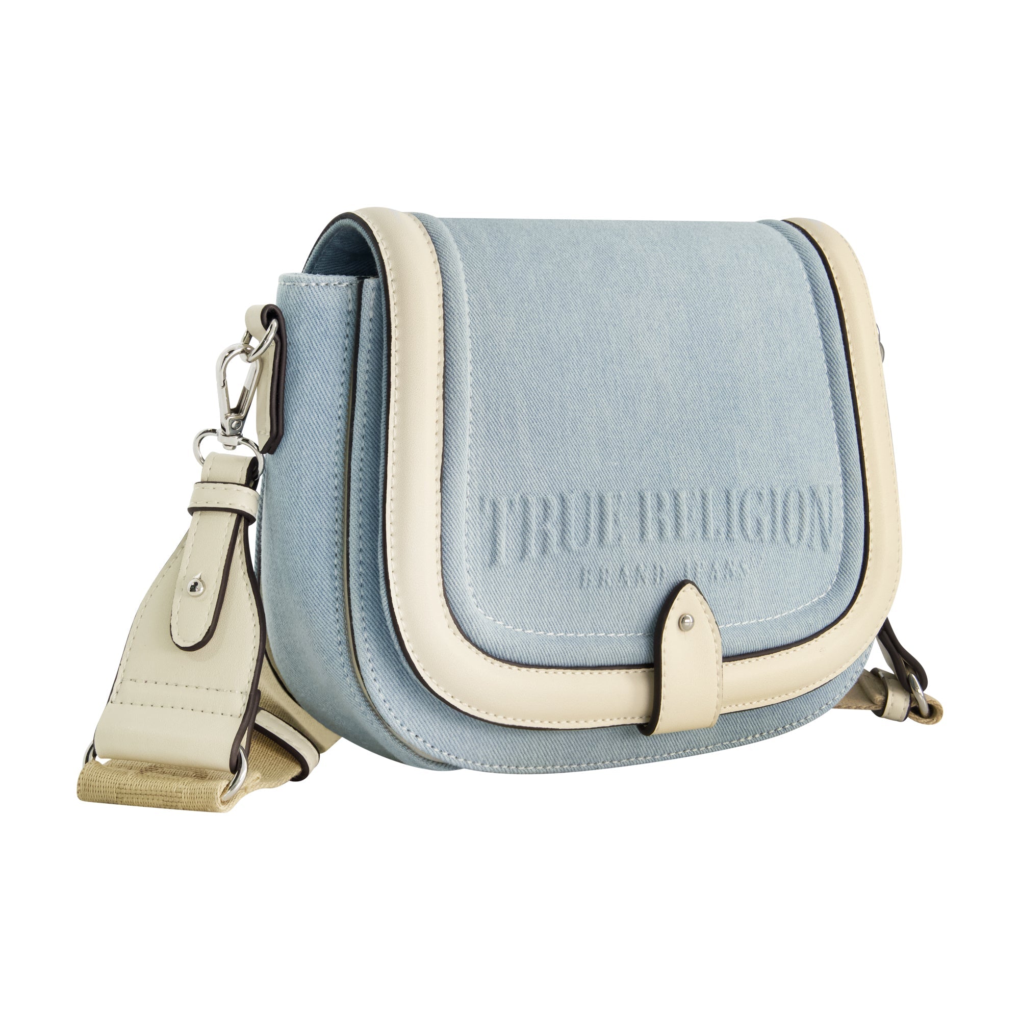 True Religion Distressed Logo Denim Saddle Bag, Light Blue