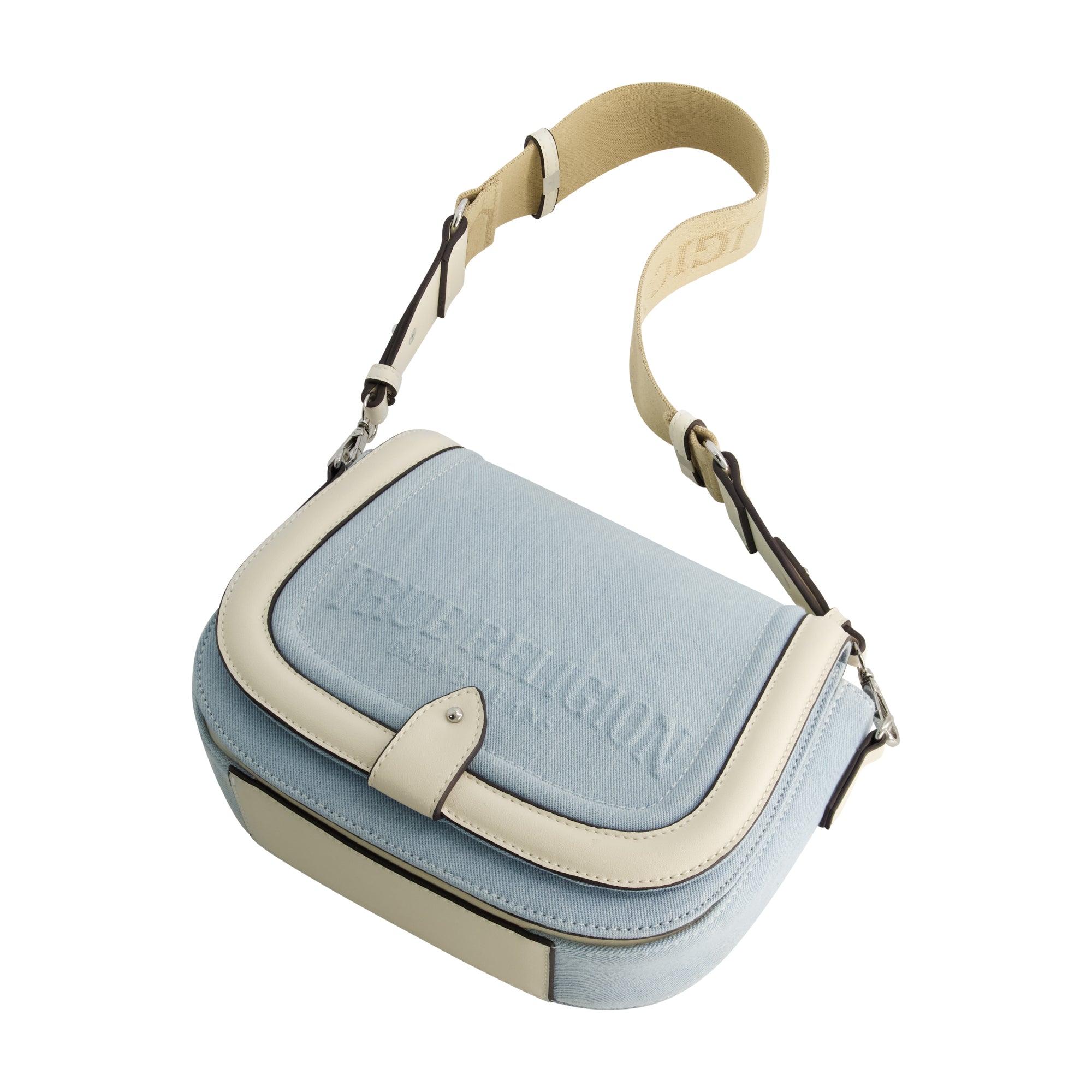 True Religion Distressed Logo Denim Saddle Bag, Light Blue