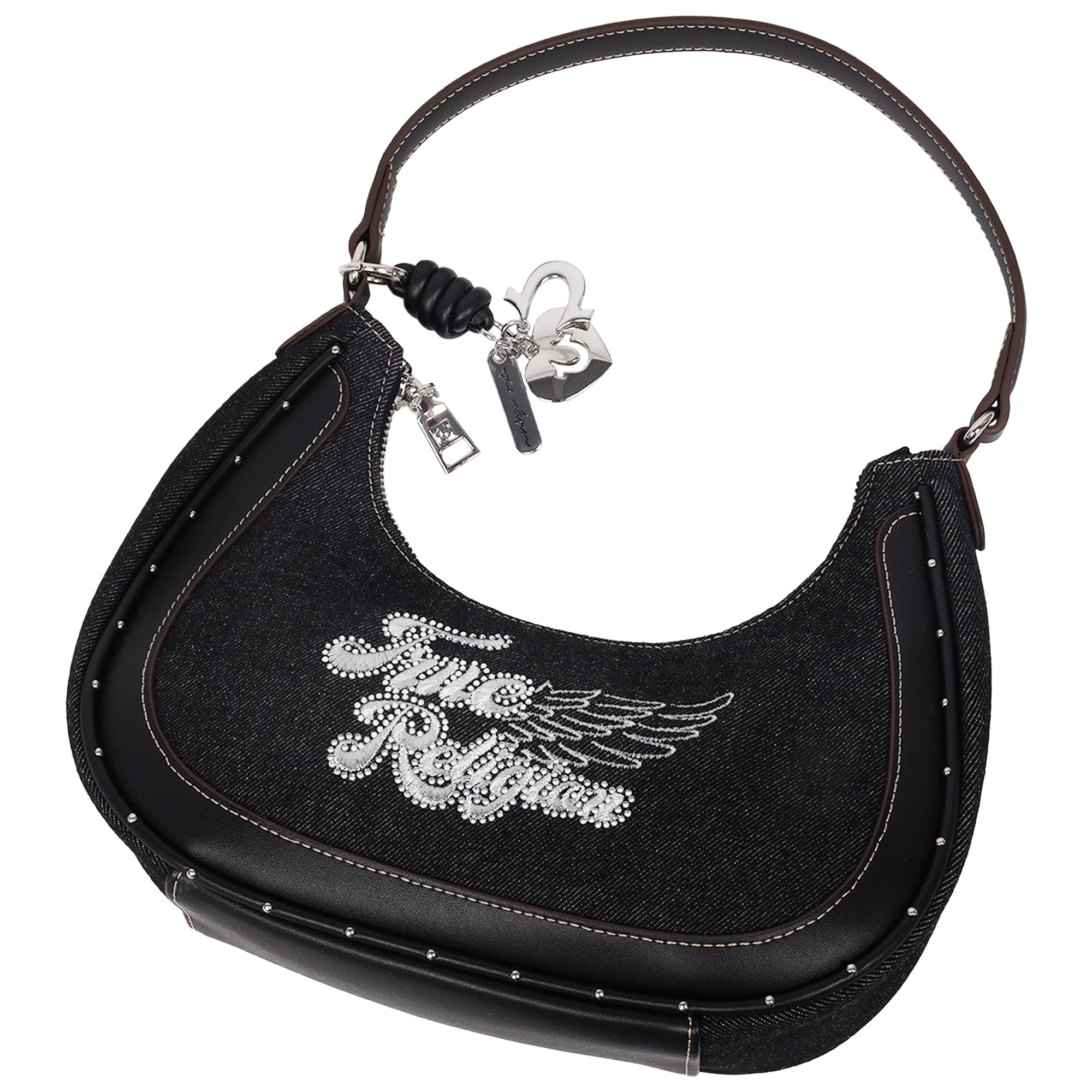 True Religion Wing Motif Denim Hobo Bag