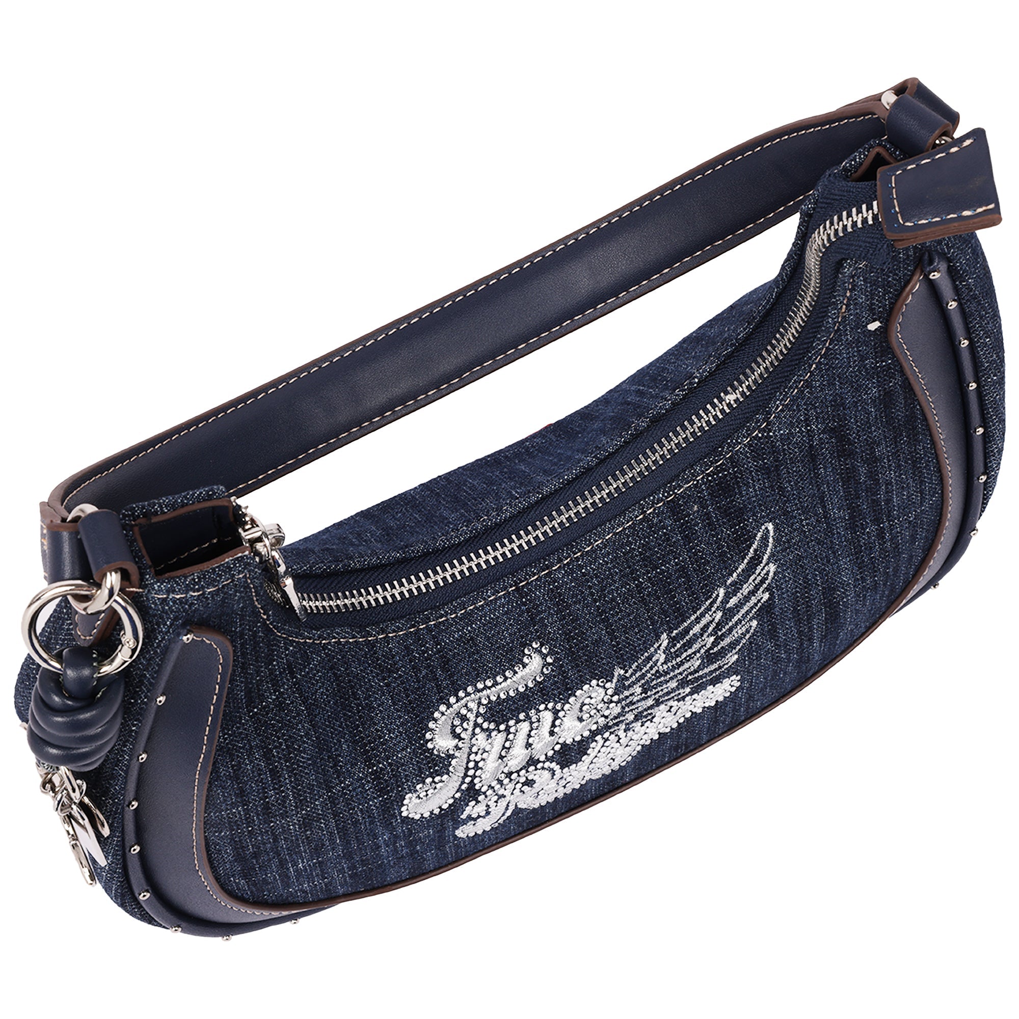 True Religion Wing Motif Denim Hobo Bag With Red Trim