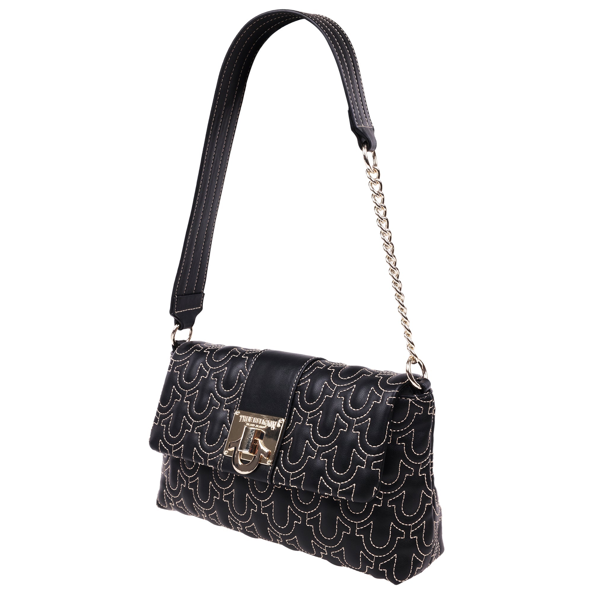 True Religion Horseshoe Quilt Logo Plaque Flap Shoulder Bag