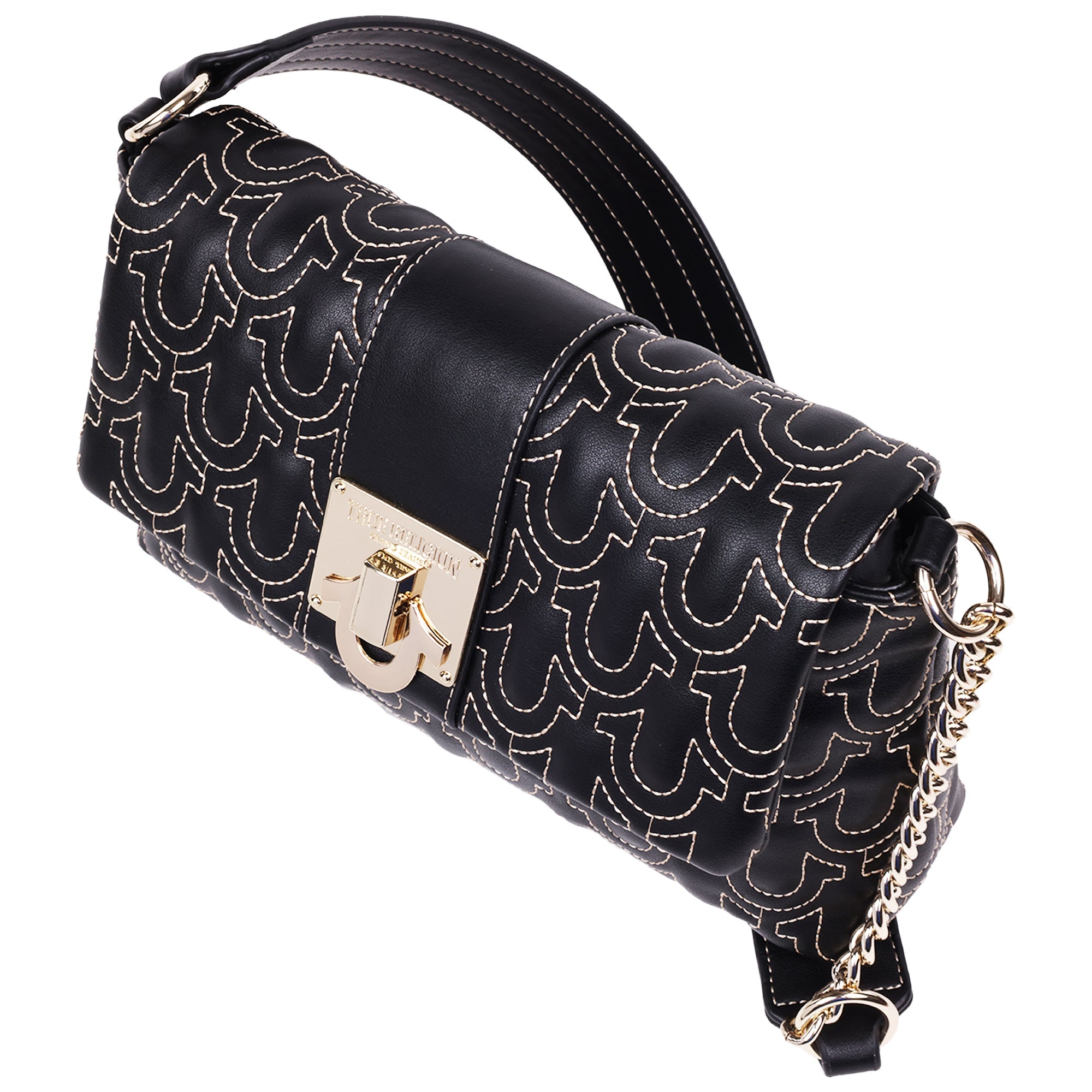 True Religion Horseshoe Quilt Logo Plaque Flap Shoulder Bag