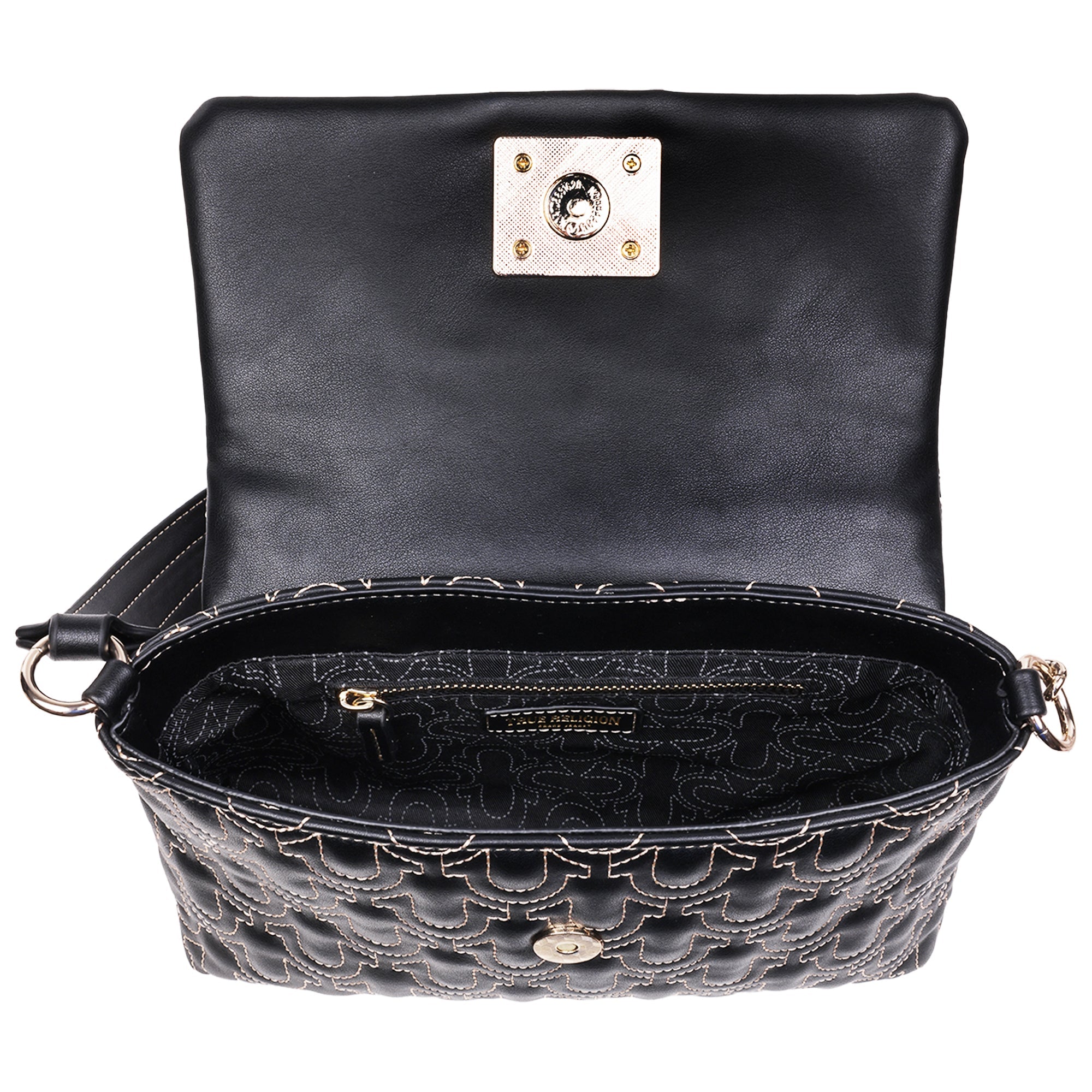 True Religion Horseshoe Quilt Logo Plaque Flap Shoulder Bag