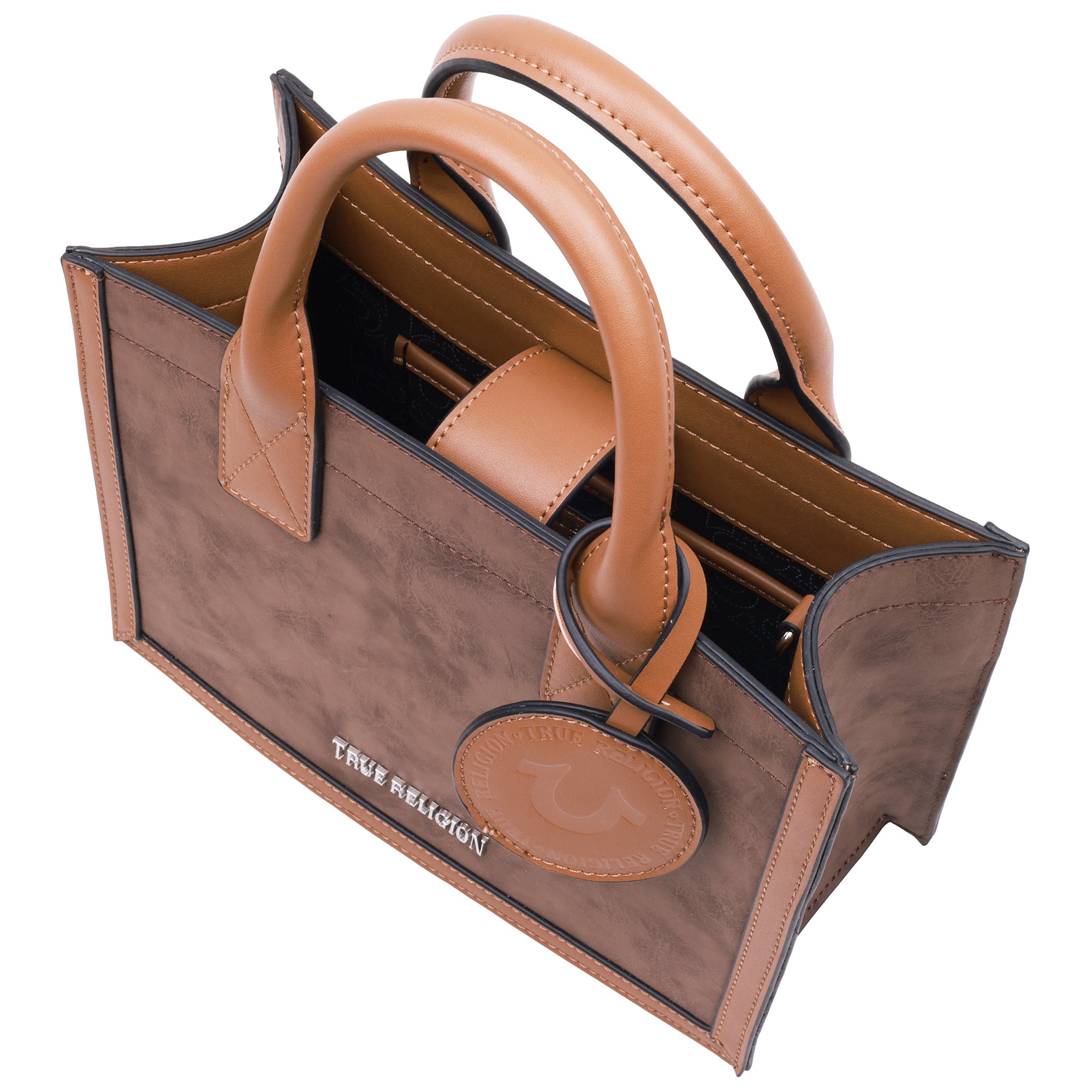 True Religion Suede Pu Box Tote With Logo Tag