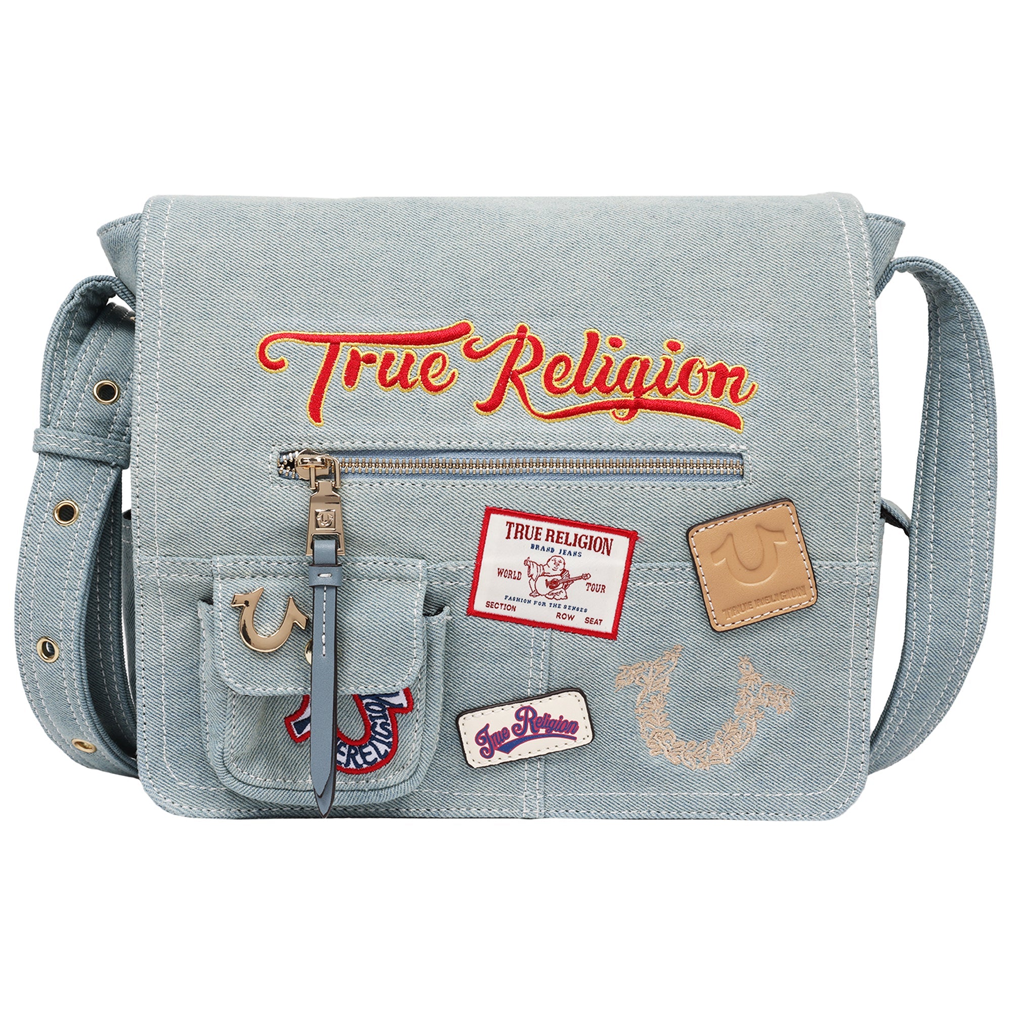 True Religion Multi Patch Denim Messenger Bag