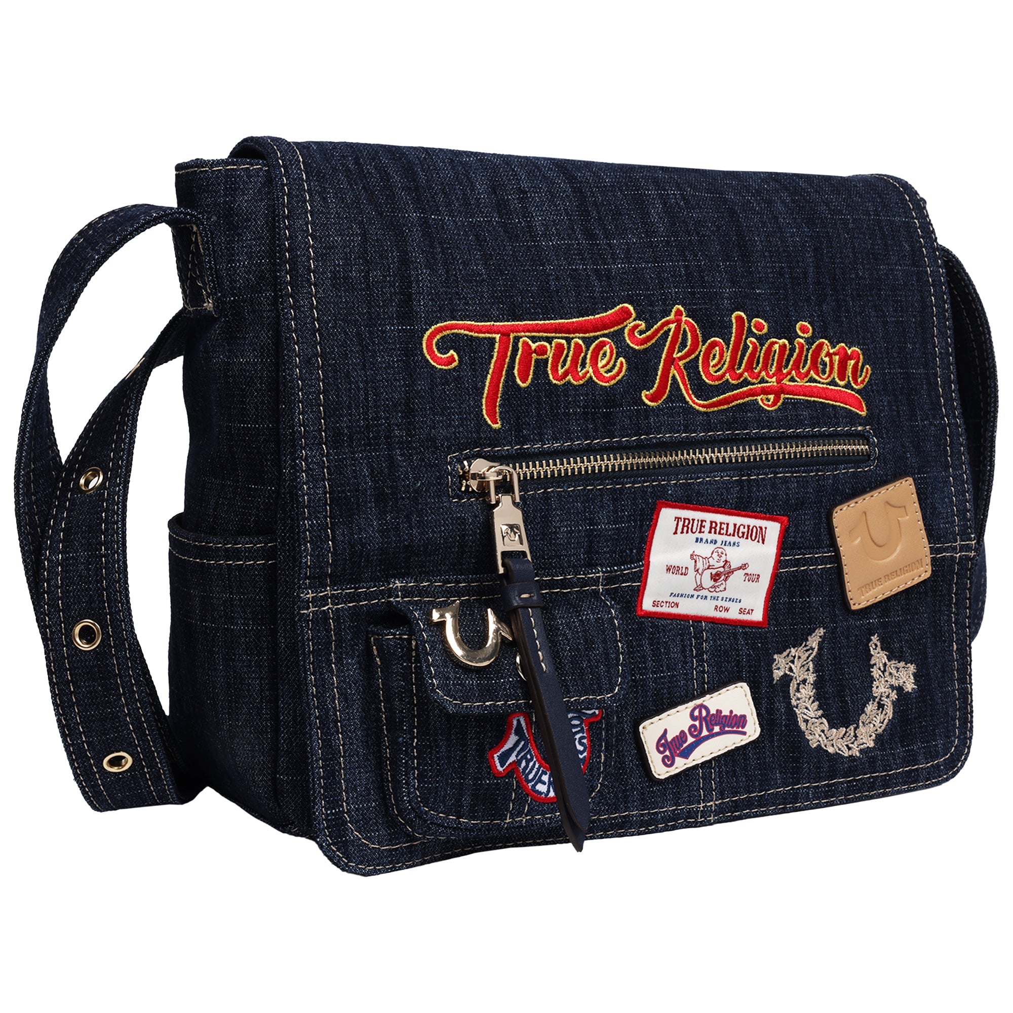 True Religion Multi Patch Denim Messenger Bag