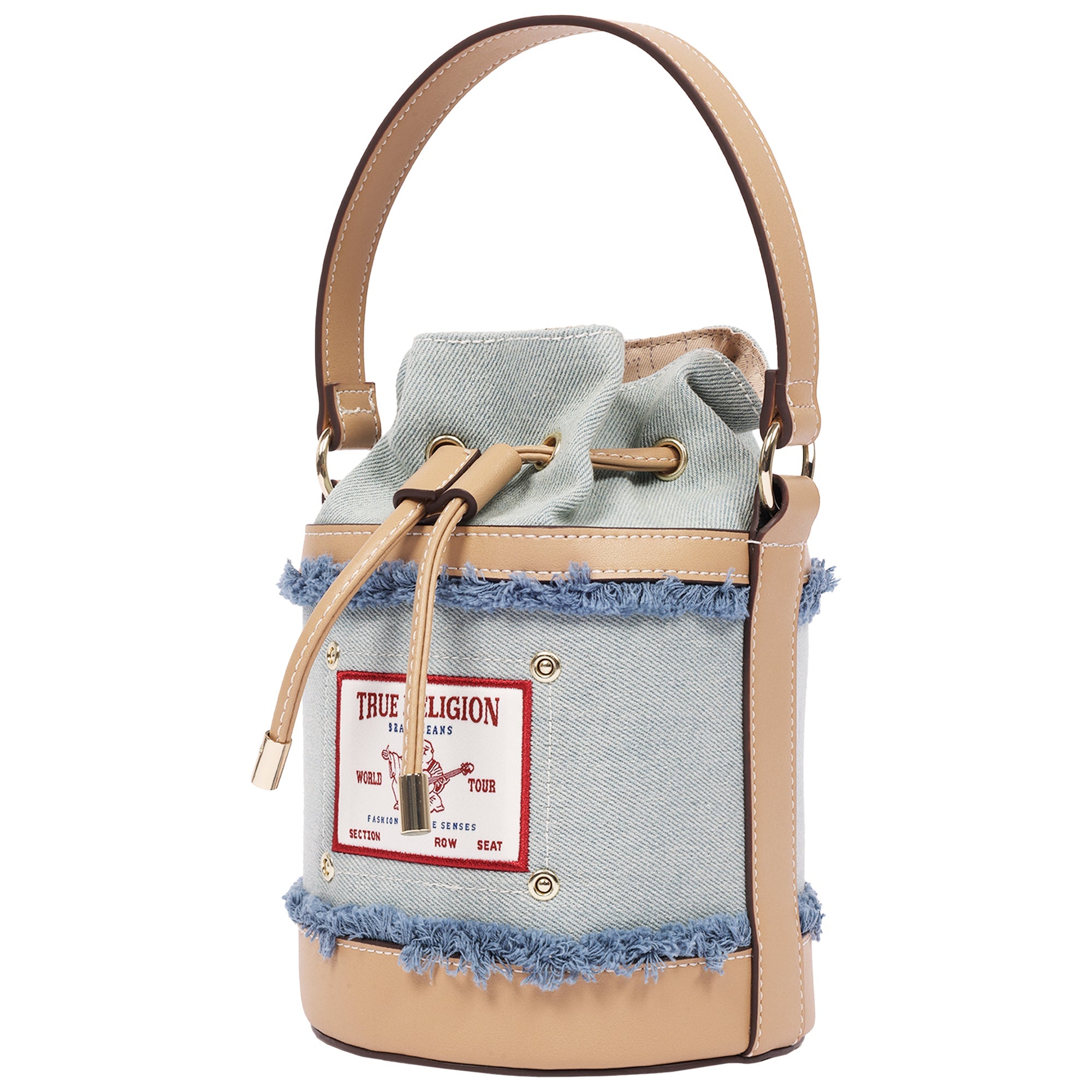True Religion Buddha Patch Frayed Denim Bucket Bag