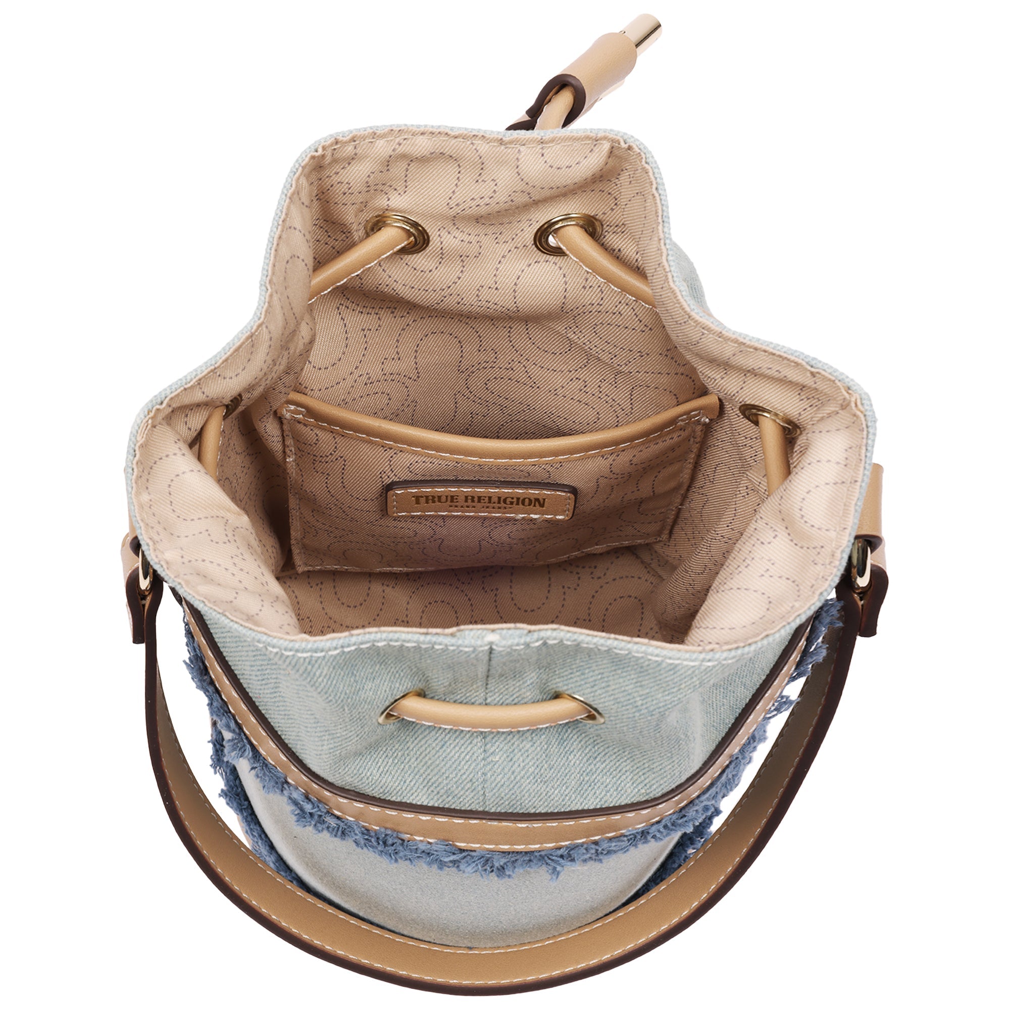 True Religion Buddha Patch Frayed Denim Bucket Bag