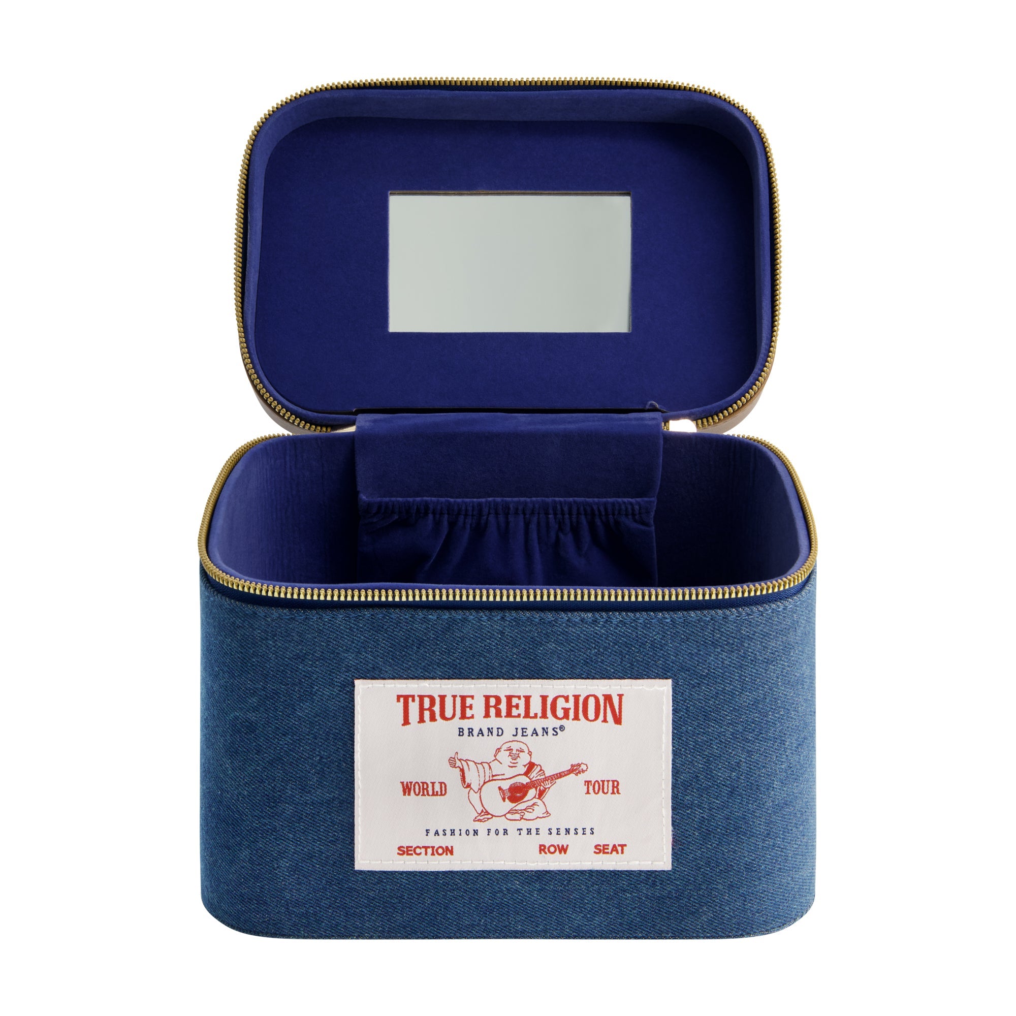 True Religion Large Denim Cosmetic Case With Mirror, Denim