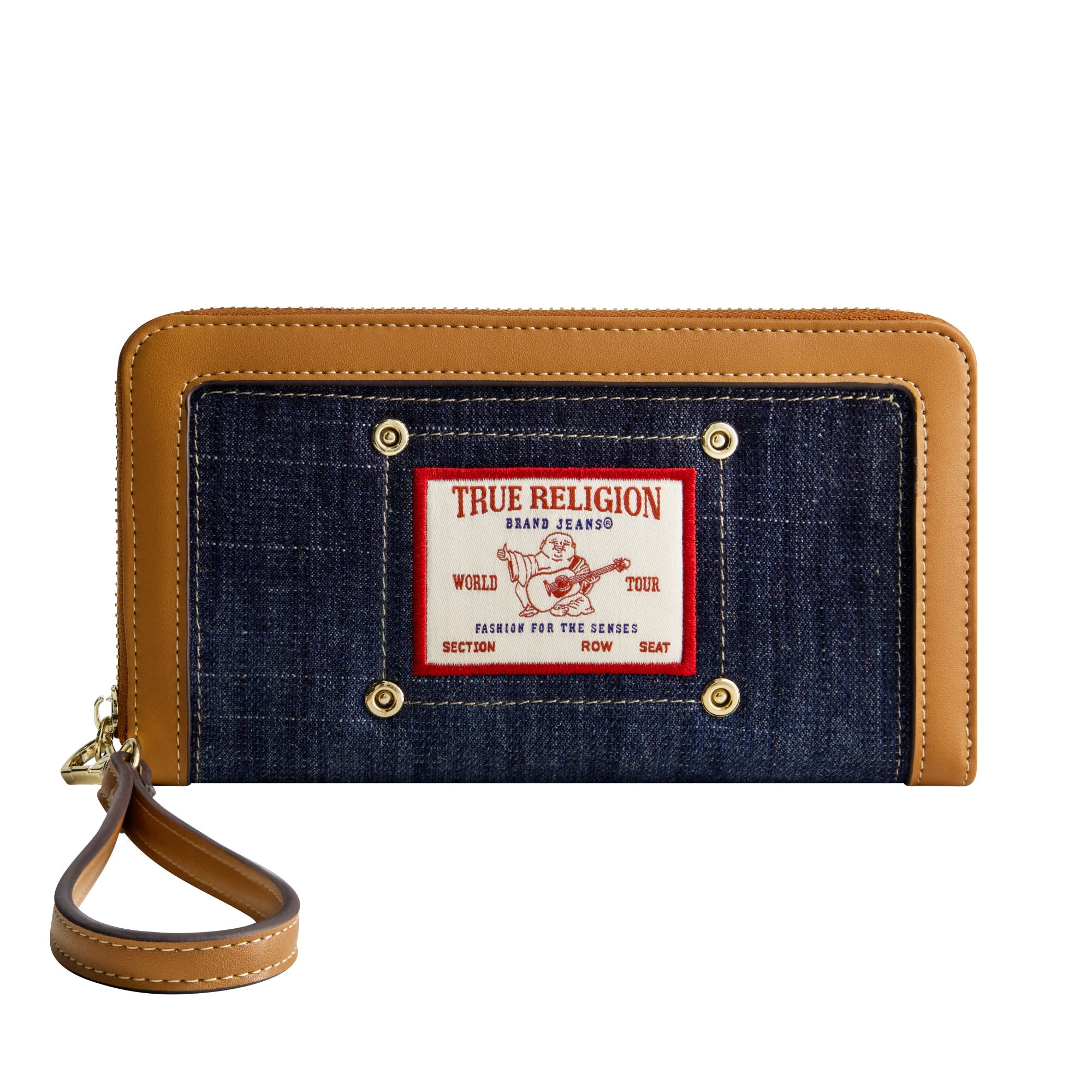 True Religion Buddha Patch Zip Around Wristlet, Dark Denim