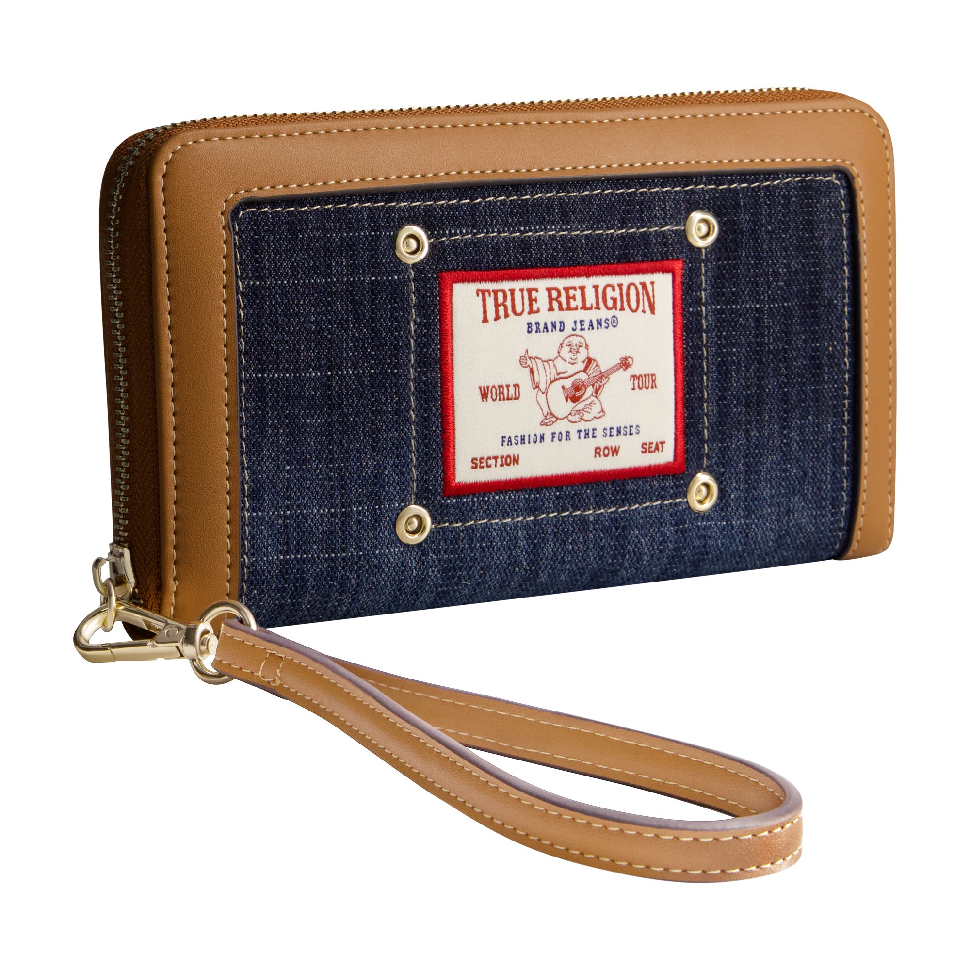 True Religion Buddha Patch Zip Around Wristlet, Dark Denim