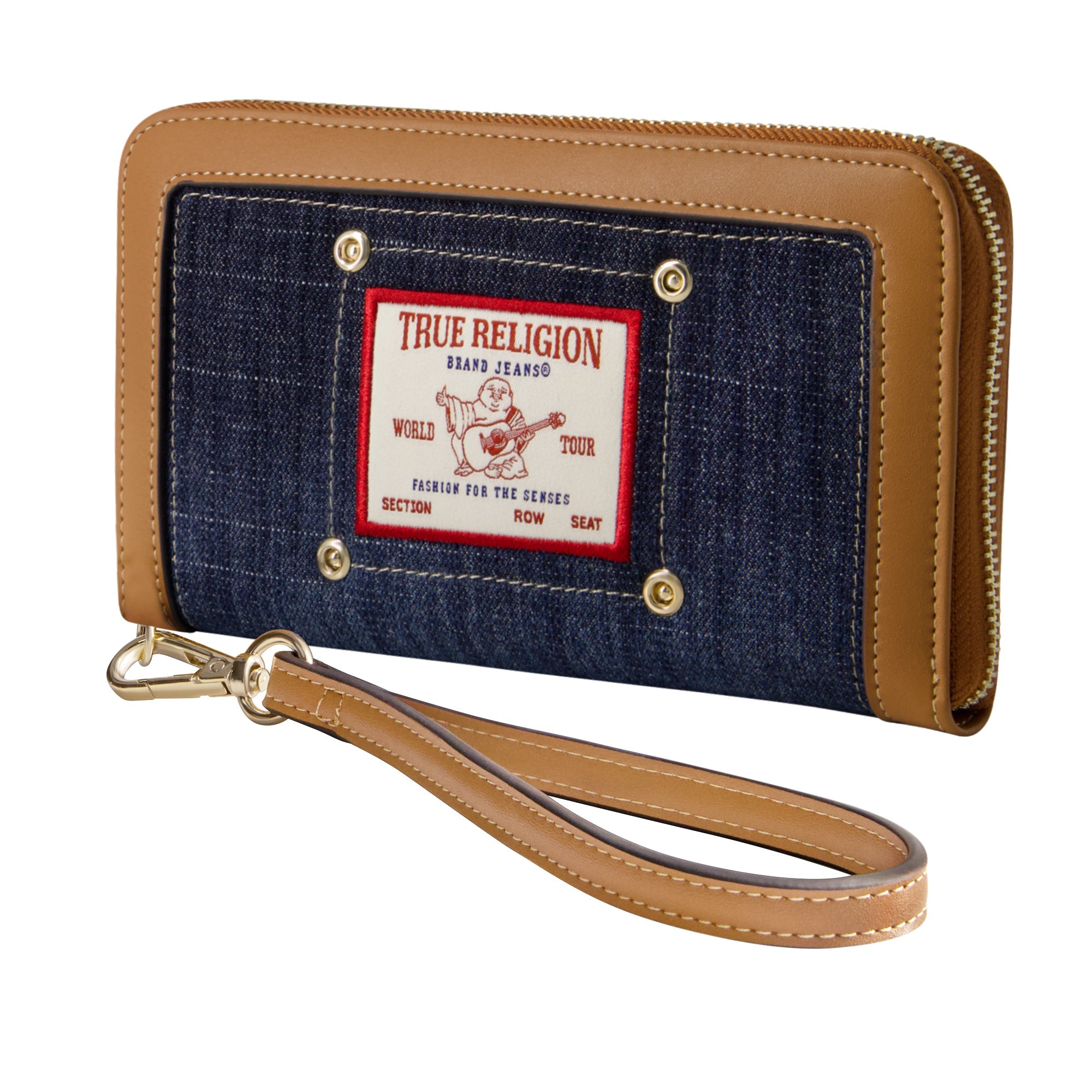 True Religion Buddha Patch Zip Around Wristlet, Dark Denim