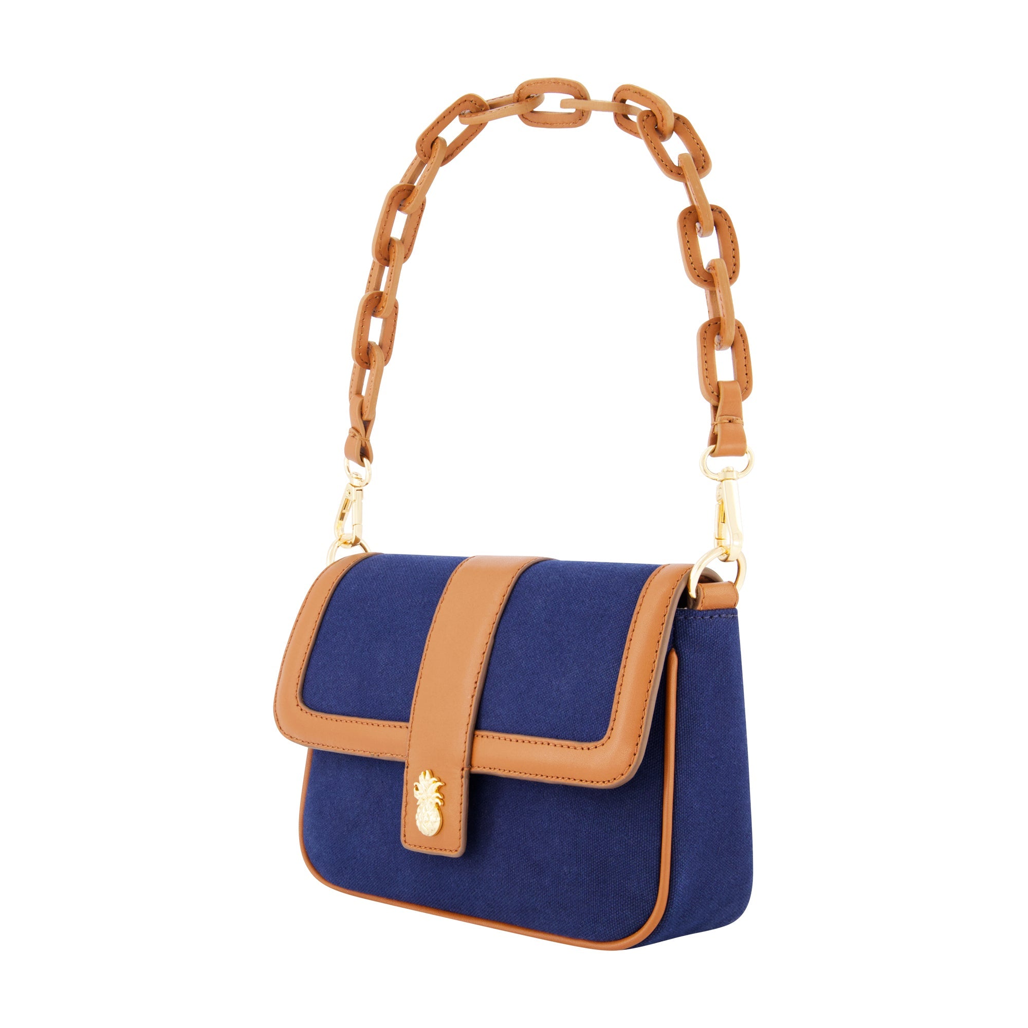 Tommy Bahama Solid Canvas Flap With Double Leather Stap. , Navy/tan