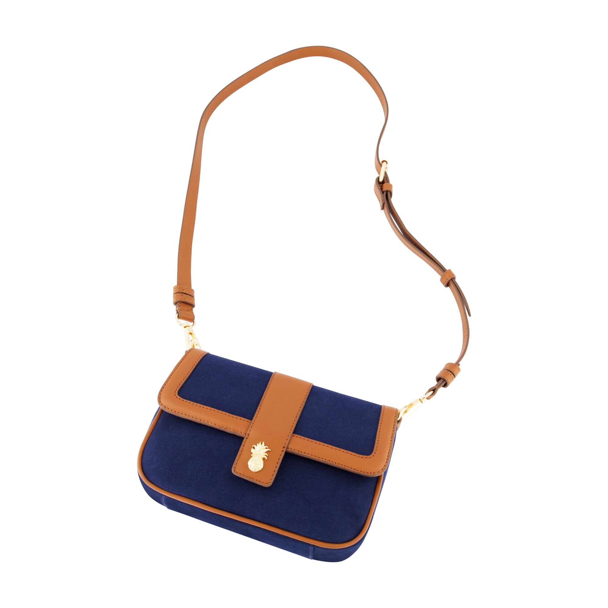 Tommy Bahama Solid Canvas Flap With Double Leather Stap. , Navy/tan